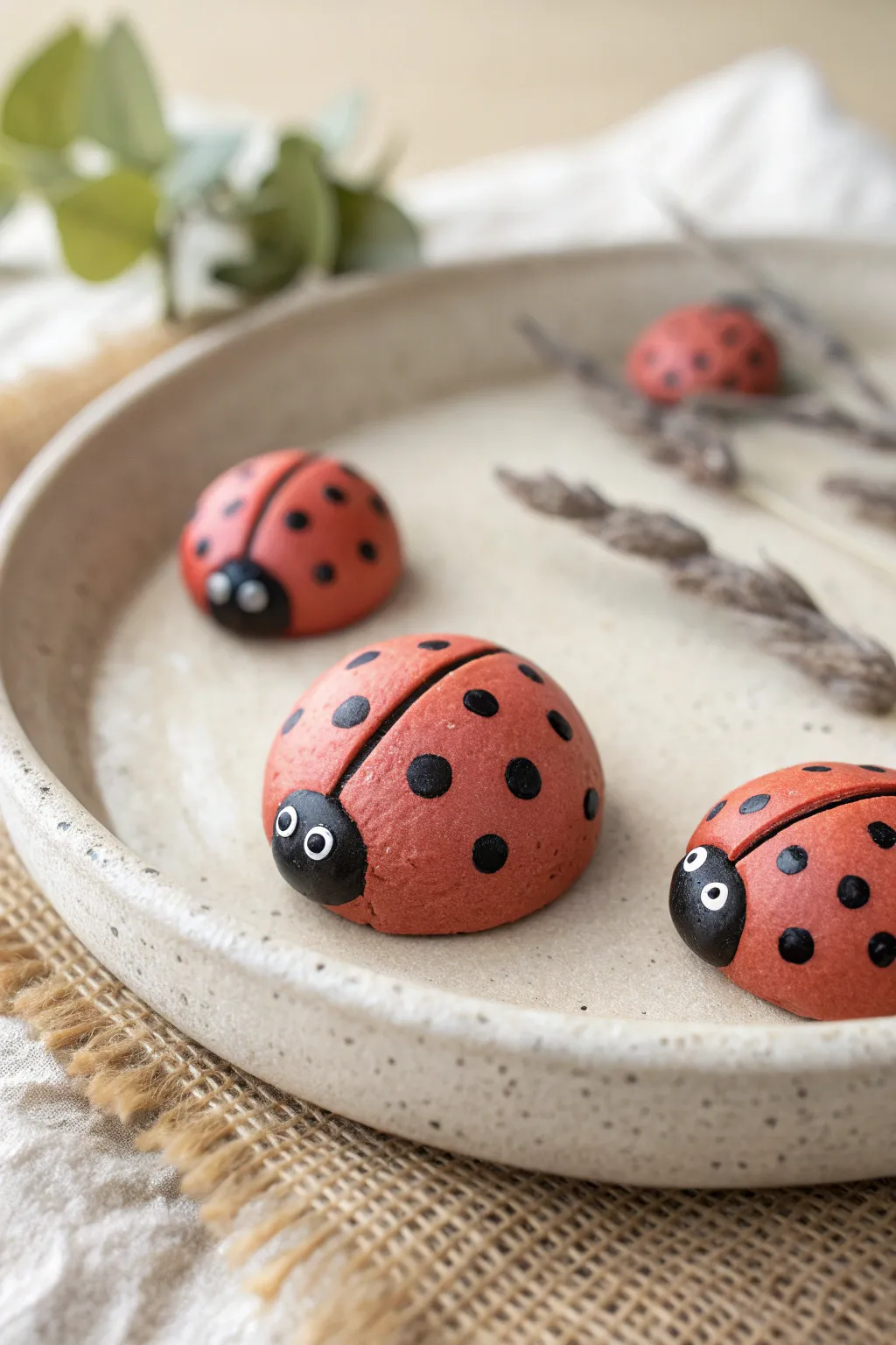 Tiny clay ladybug from two balls, beginner friendly and cute in a clean Scandinavian setting