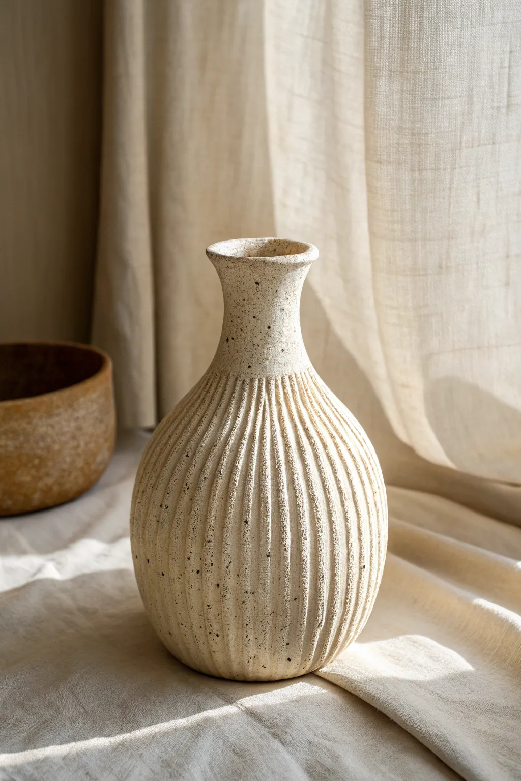 Minimal vase with comb-dragged vertical lines, matte clay and soft light for beautiful texture.