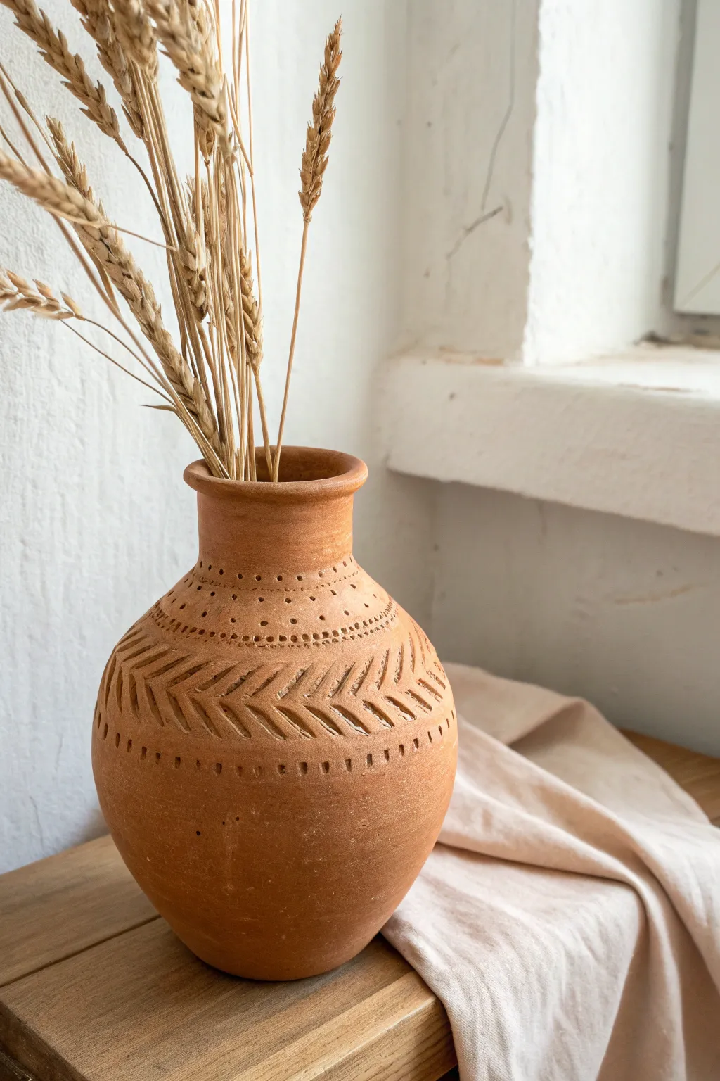 Minimal stamped clay vase with dried wheat, Scandinavian calm with a soft boho touch.