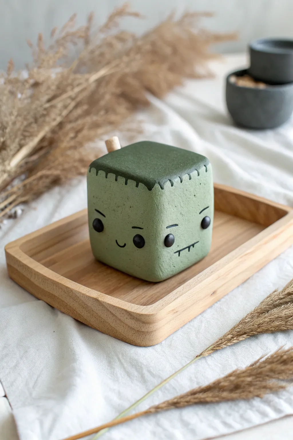 Minimalist Halloween clay: a cute blocky Frankenstein head figurine in soft Scandi styling
