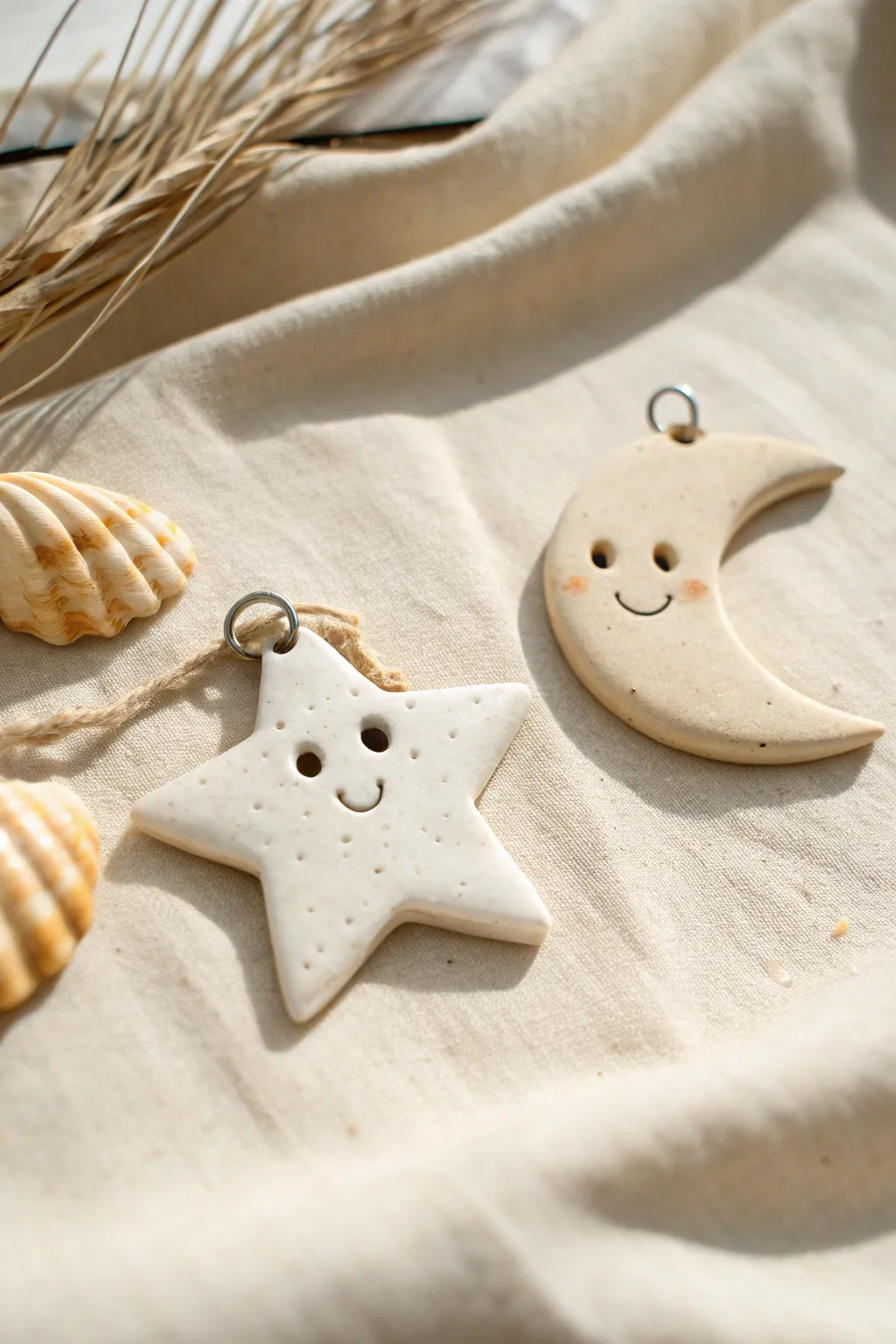 Sweet star and moon clay charms with tiny faces, styled minimal and cozy on linen.