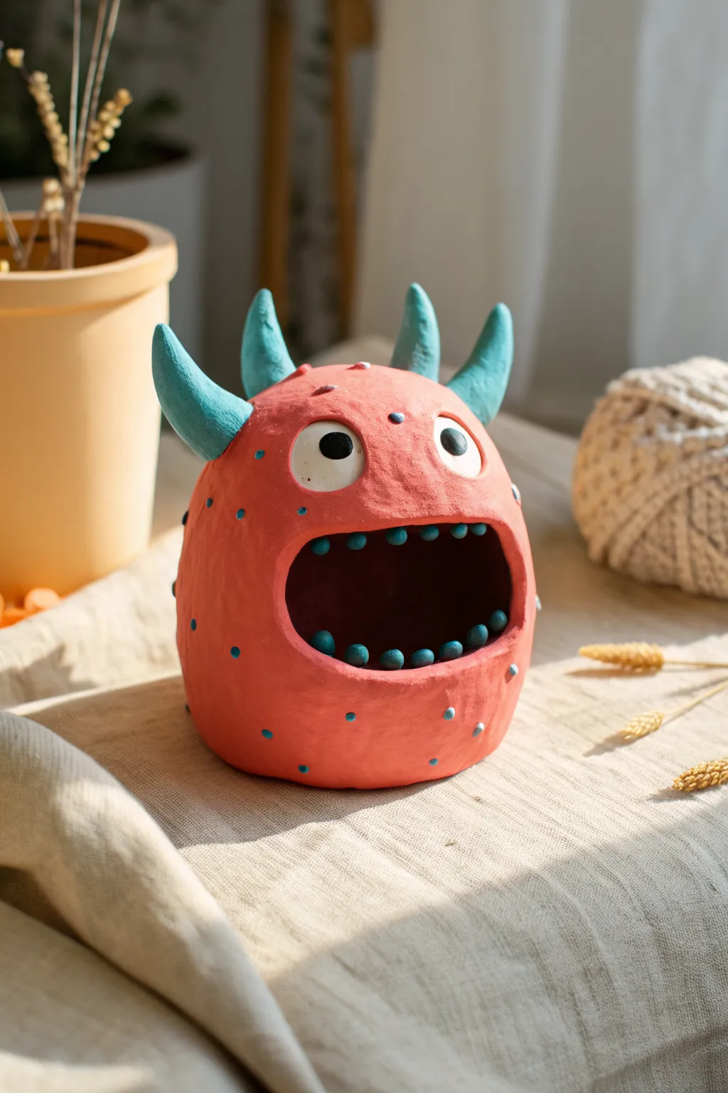 Silly pinch-pot monster with dot eyes, stubby horns, and bold color for easy kid clay fun
