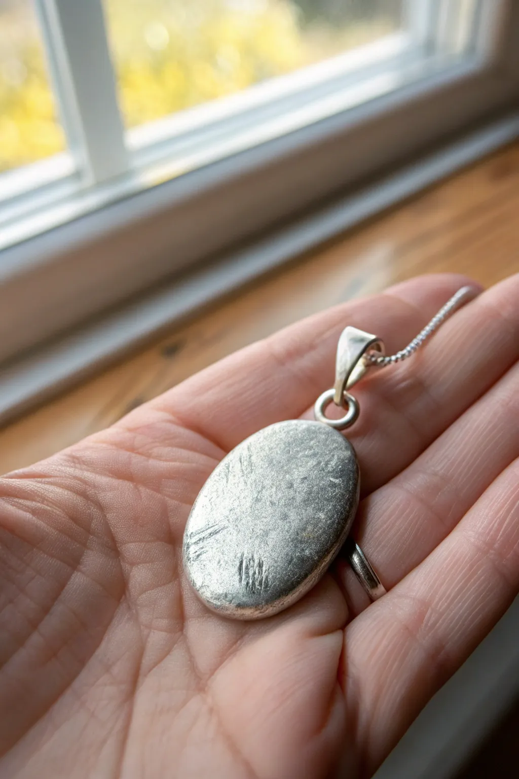Simple silver clay pebble pendant with fingerprint texture and gentle patina for a cozy look