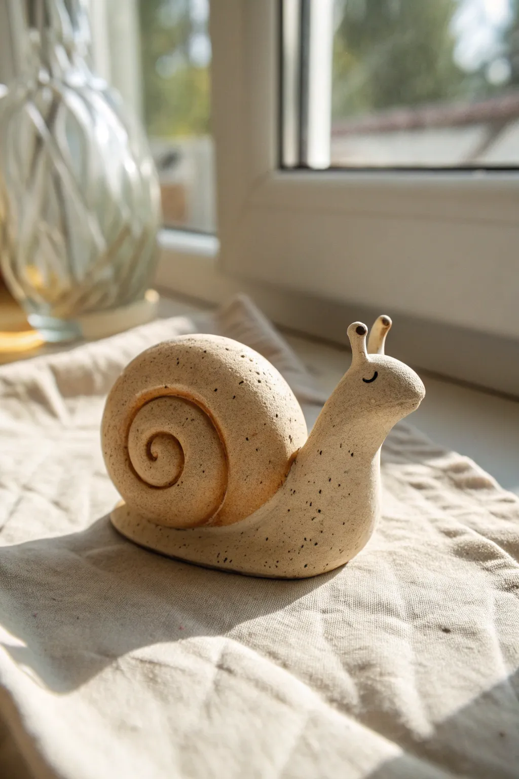 Sweet minimalist clay snail with spiral shell, a calming Scandinavian-boho decor idea.