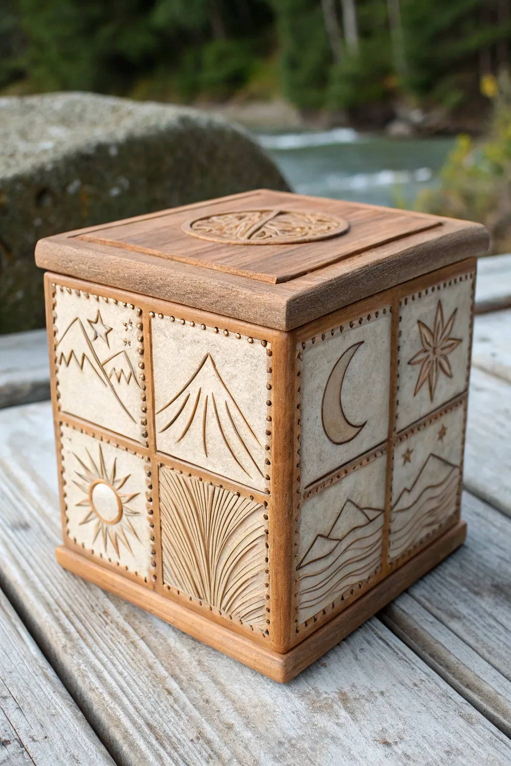 Story panel slab box with simple carved scenes, minimal lines, warm handmade character