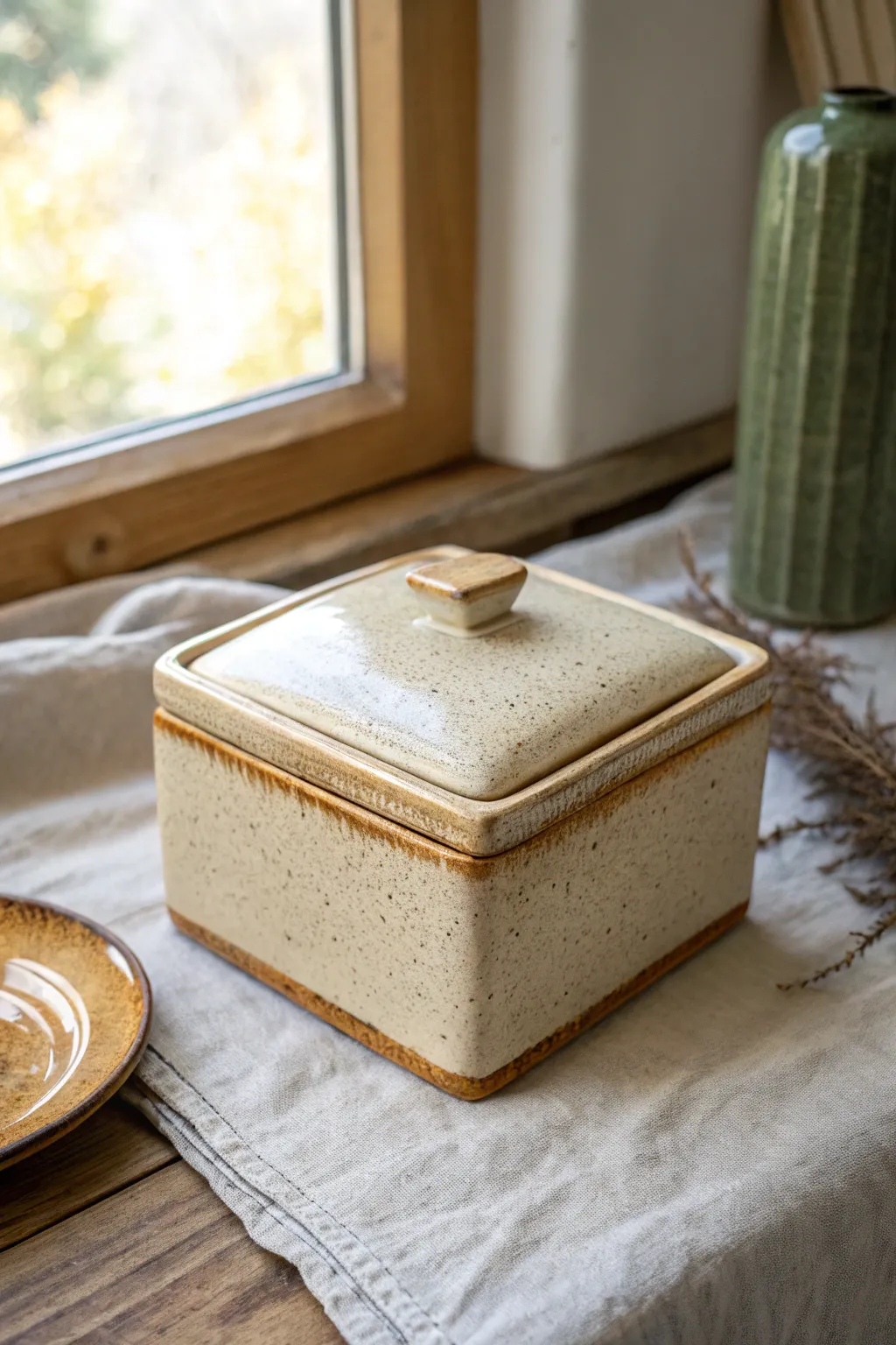 Stamped texture slab box with a clean framed border and warm glaze that highlights every detail.