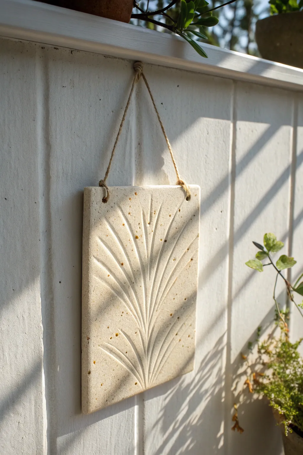 Textured slab tile wall hanging with carved lines and a soft matte finish for calm minimalist decor.
