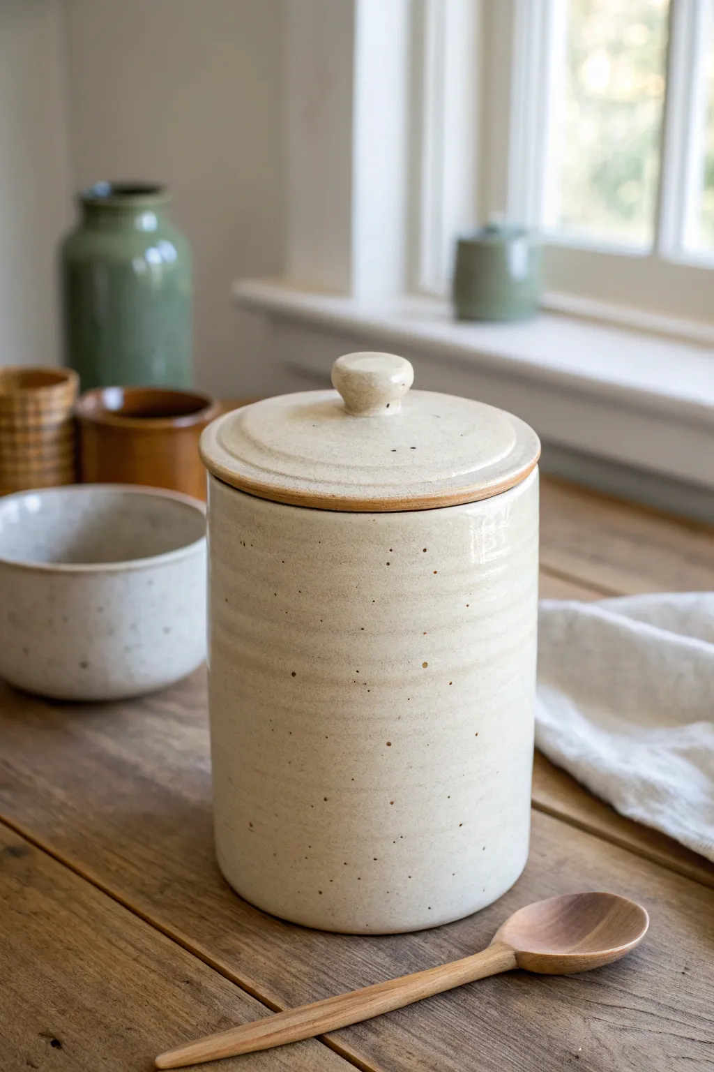 Minimal slab cylinder canister with fitted lid, styled with scoops in soft morning light