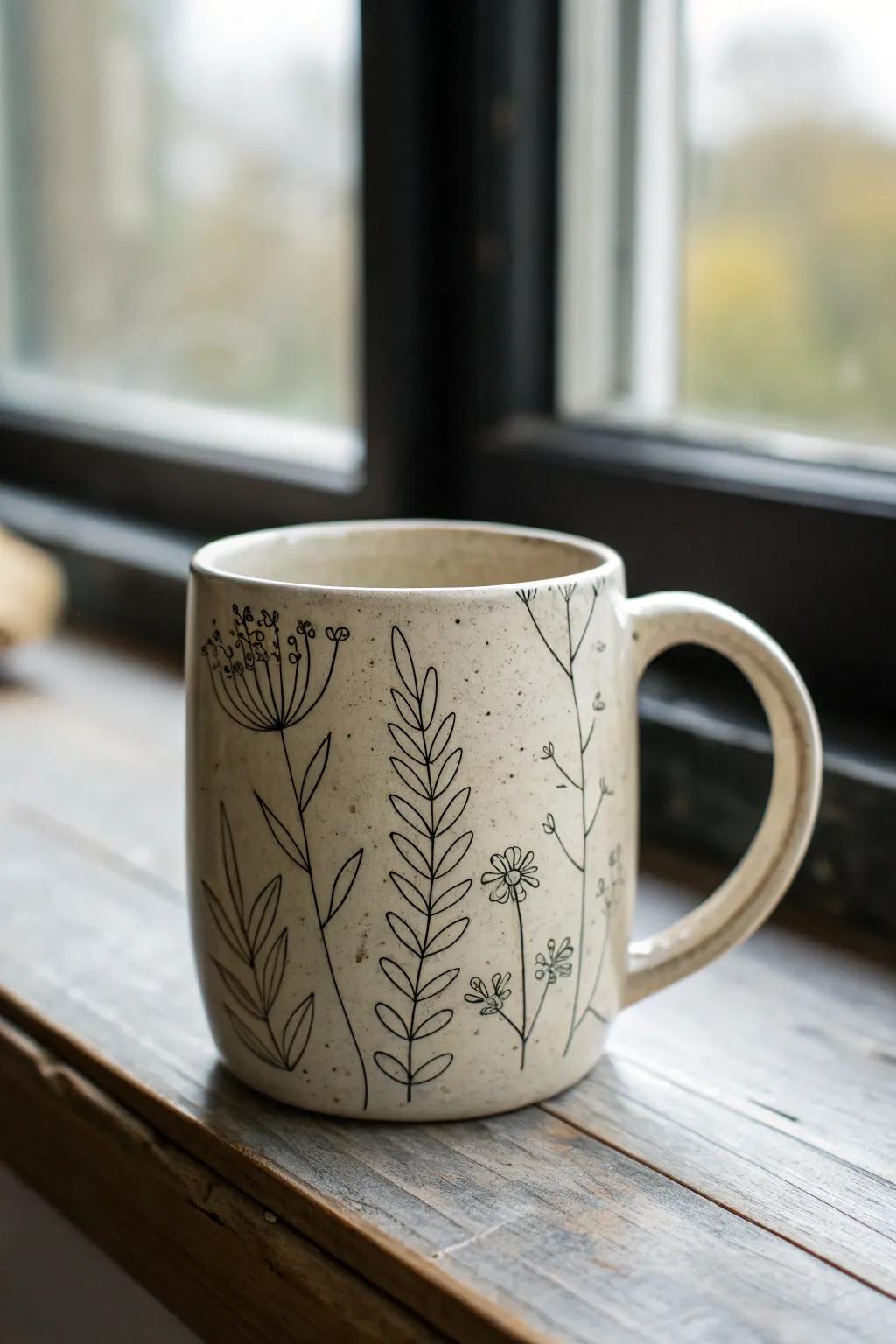 Minimal slab mug with bold sgraffito line art, Scandinavian calm with boho warmth.