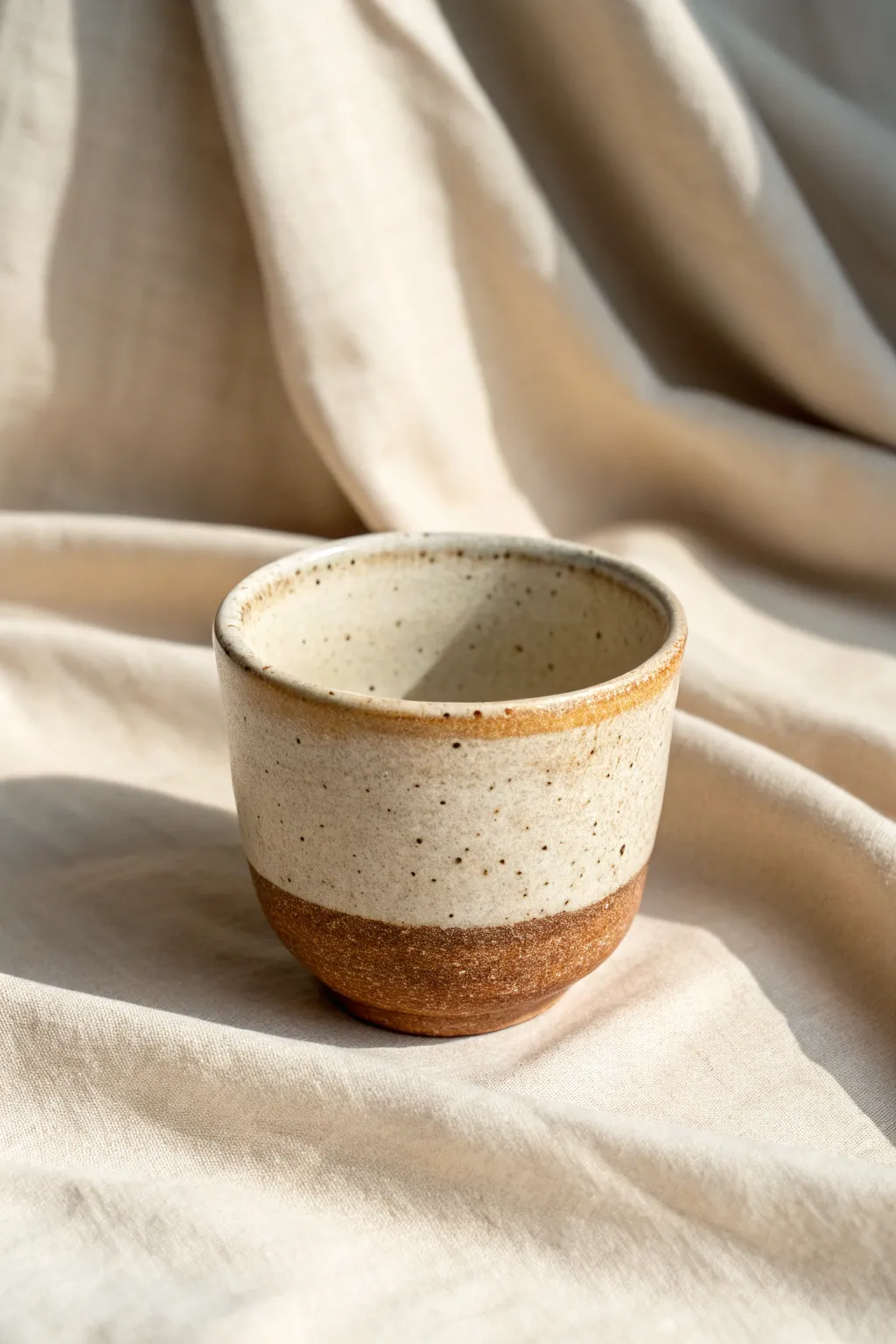 Beginner-friendly pinch-and-slab cup: soft curves, subtle texture, warm neutral clay tones.