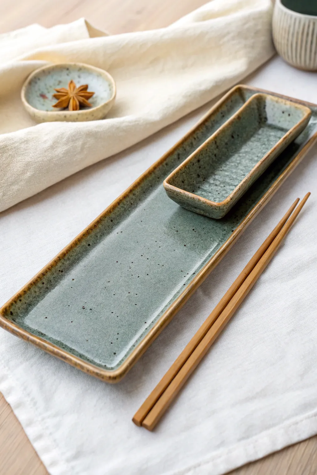 Minimal sushi-style slab tray set with matching sauce dish in calm Scandinavian glaze.