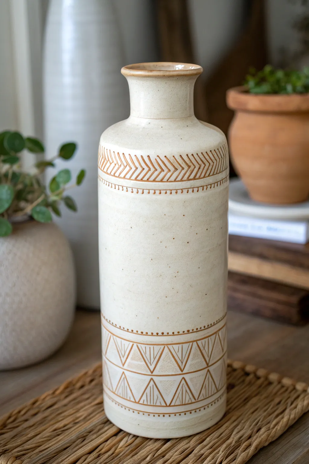 Minimal slab vase with bold textured band, a simple statement piece for modern clay shelves.