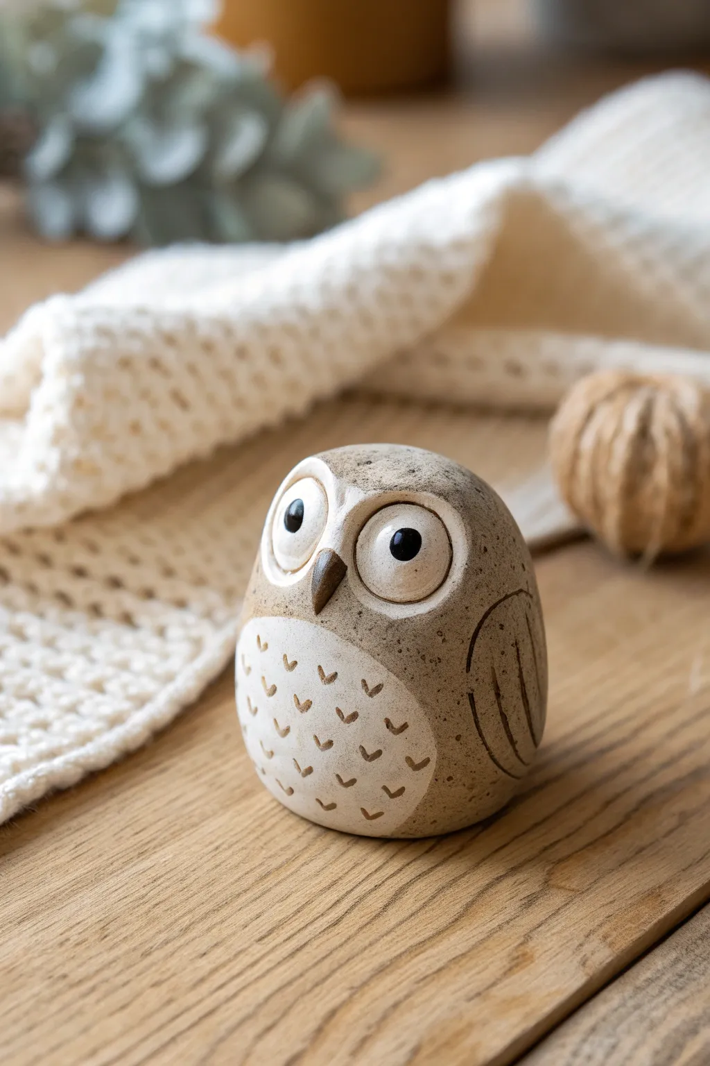 Mini clay owl with sweet dot eyes in warm neutral tones, simple and cozy Scandinavian style