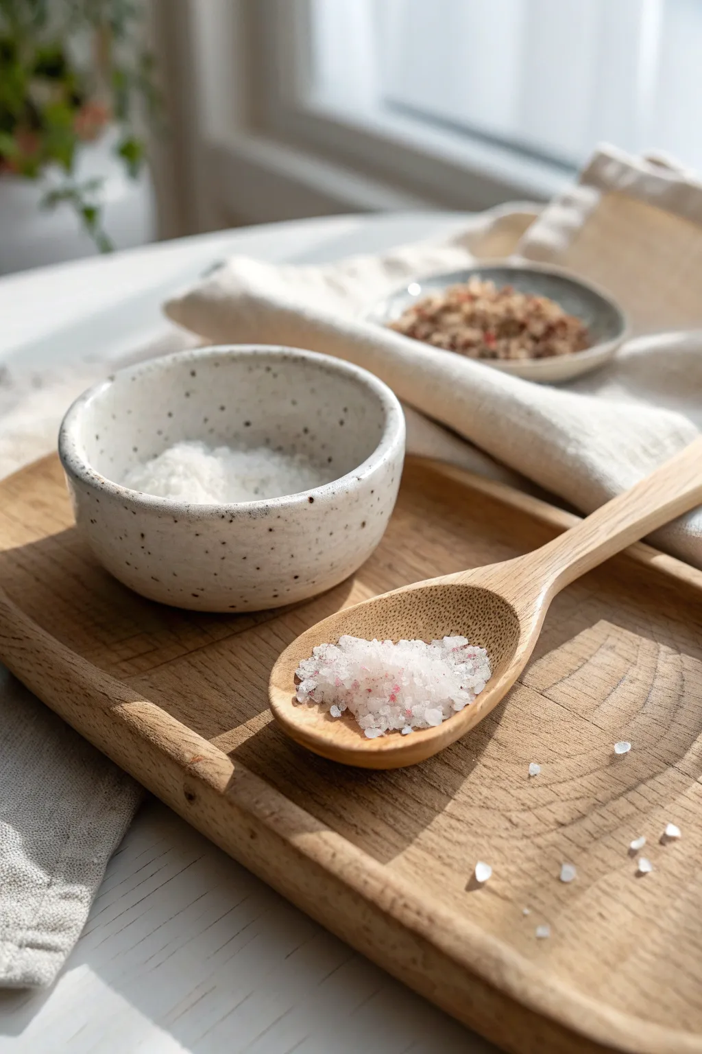 Mini clay salt spoon with a pinch of sea salt, simple Scandinavian styling and handmade charm