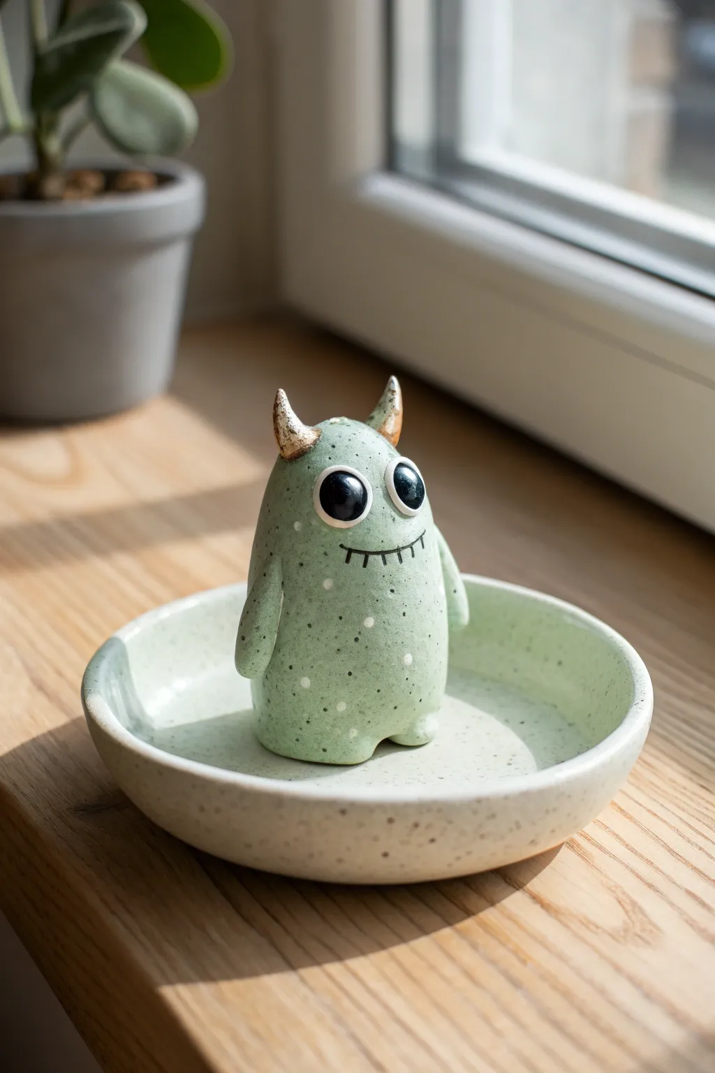 Tiny one-eyed blob monster: simple clay charm with horn nubs in calm Scandinavian boho style.