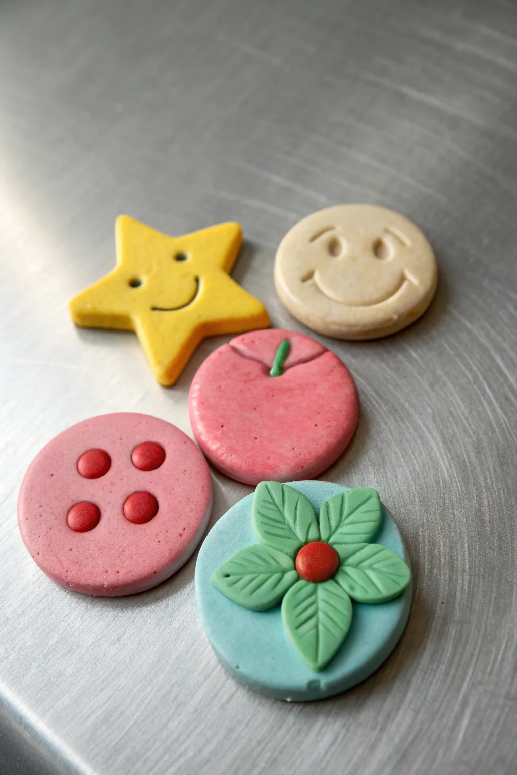 Easy beginner clay magnet set: star, smiley, fruit, and flower in playful pastel tones