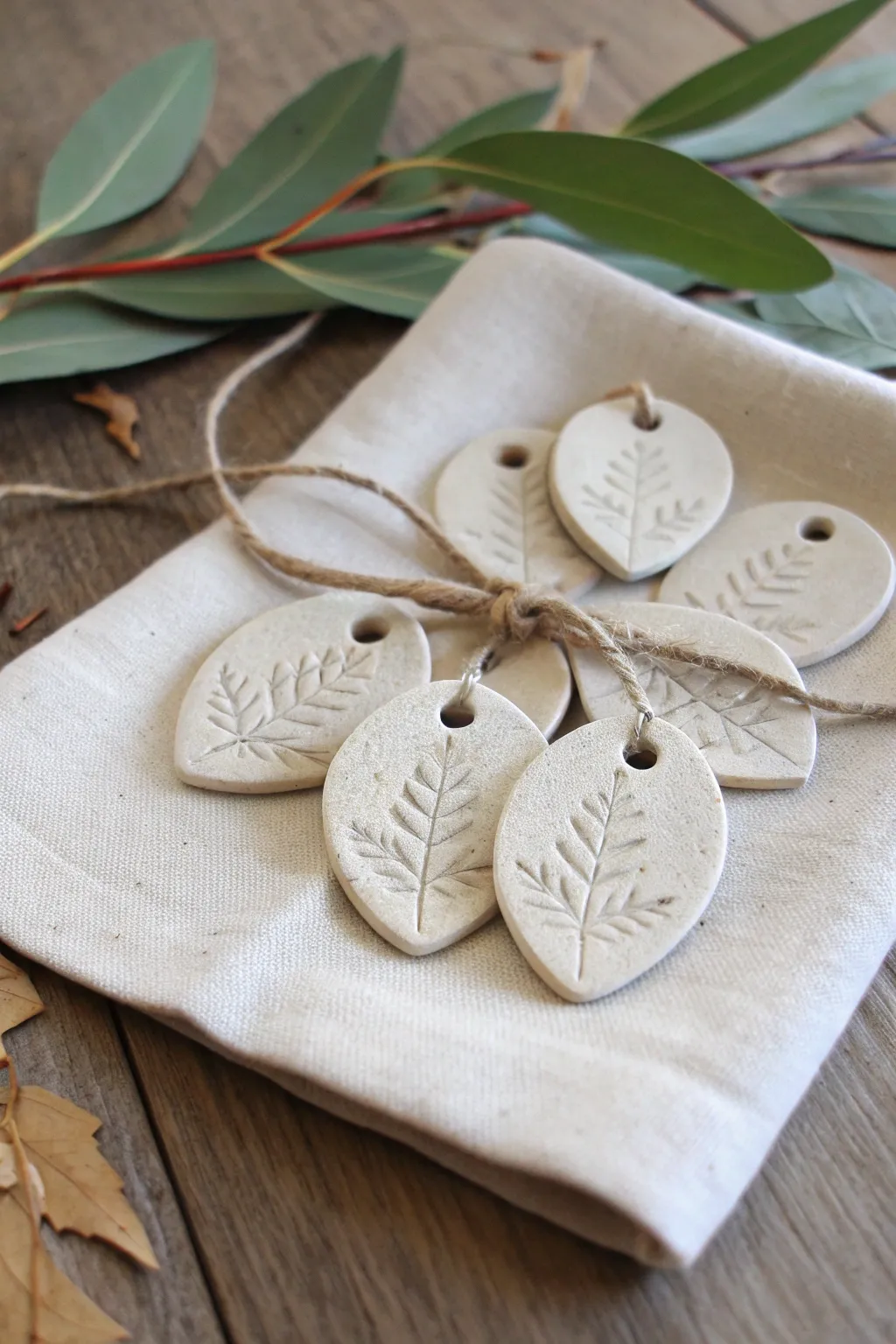 Leaf-imprint mini clay keepsakes with simple holes for hanging, soft neutral tones and crisp veins