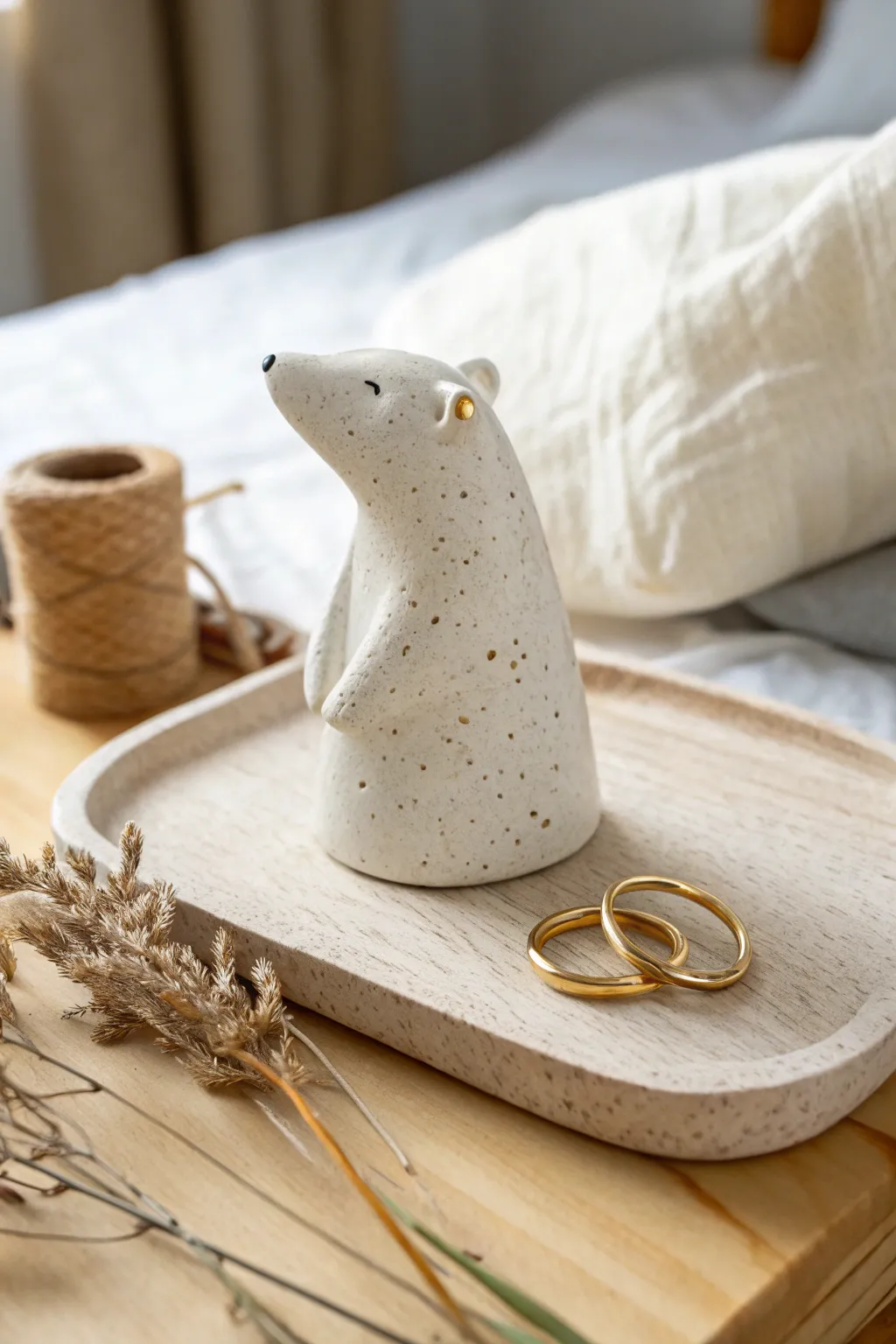 Tiny clay animal ring cone, minimalist and cozy, perfect bedside jewelry perch today.