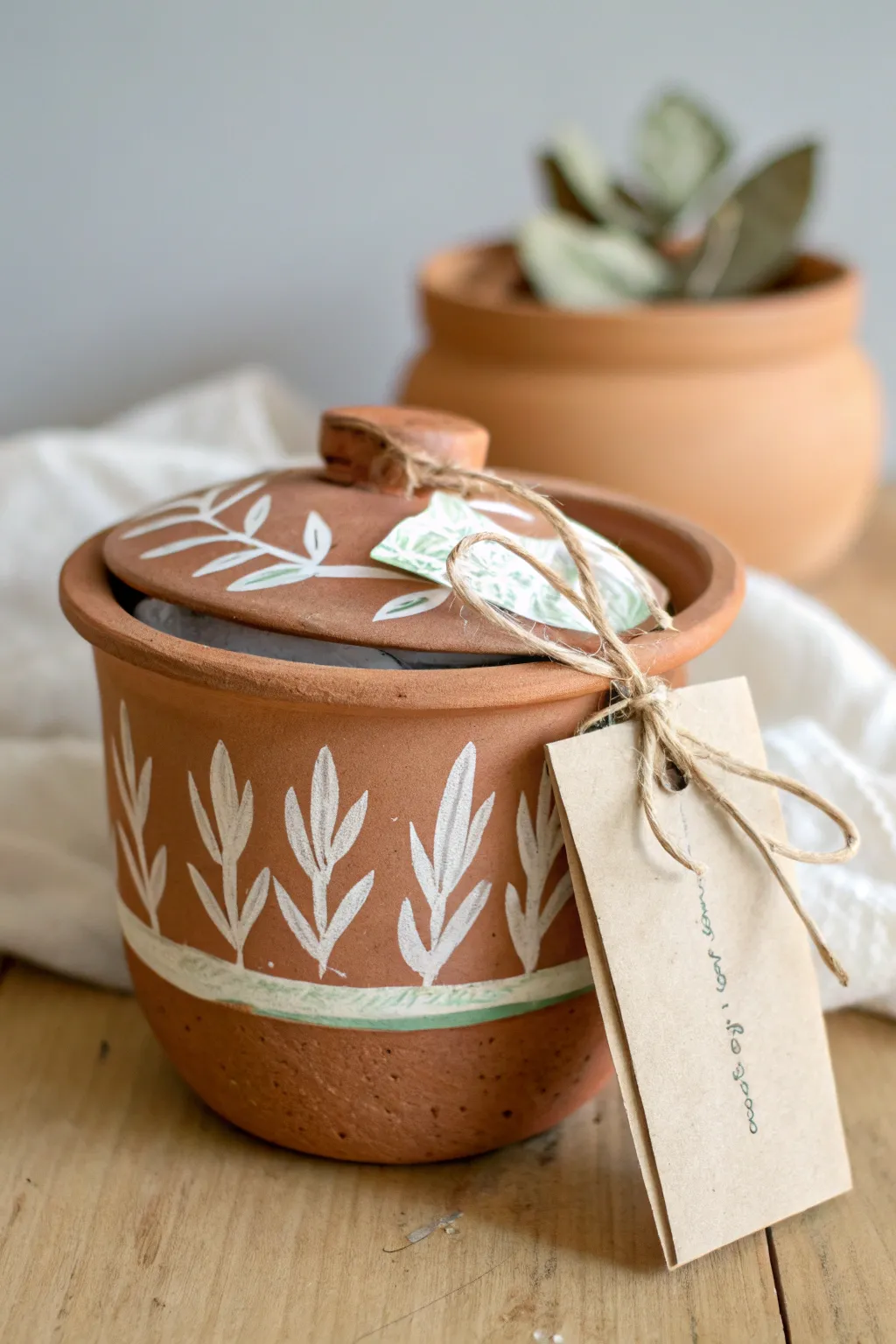 Tiny painted clay gift pot with twine tag, a sweet minimalist favor container for any occasion.