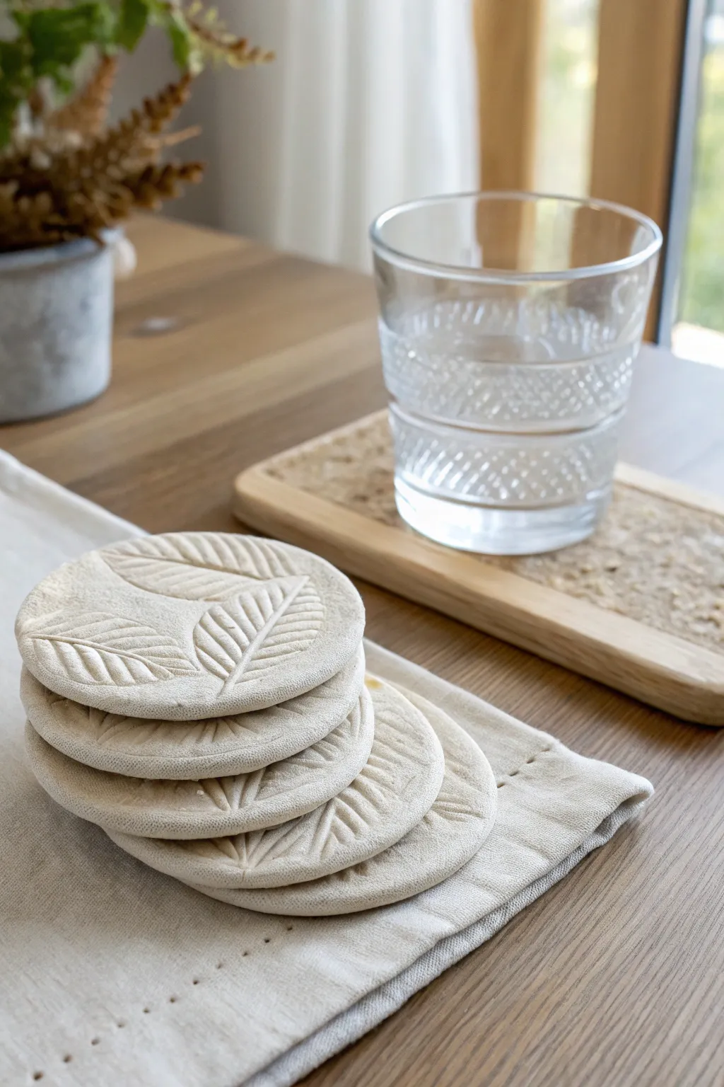 Tiny textured clay coasters in warm off-white, minimal and boho, stacked beneath a glass.