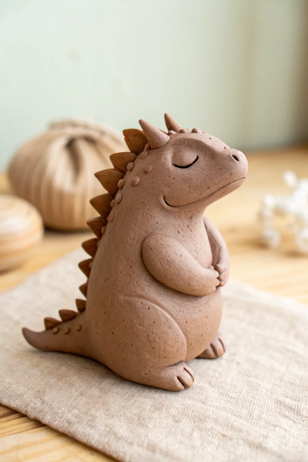 Cute mini clay dragon loaf with simple spikes, styled in soft Scandinavian-boho neutrals