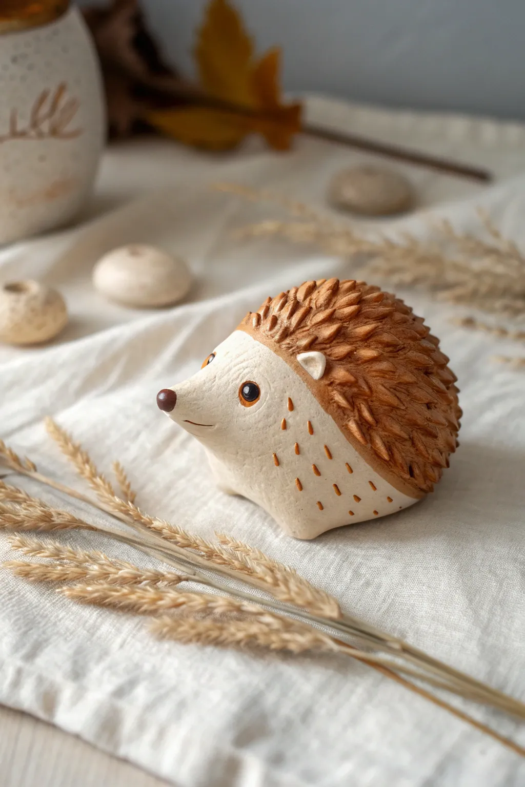 Mini clay hedgehog with dotted spines in earthy tones, minimalist and cozy for easy sculpting