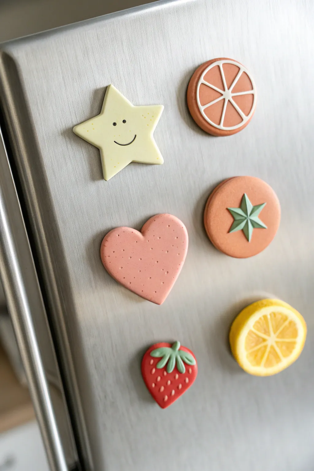 Mini polymer clay icon magnets in soft pastels, styled as a simple collectible set