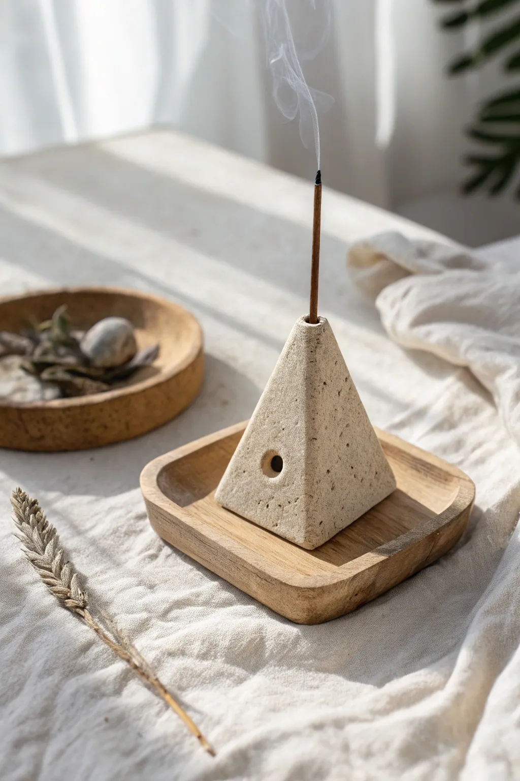 Tiny geometric incense holder in matte clay, minimalist styling and warm natural light
