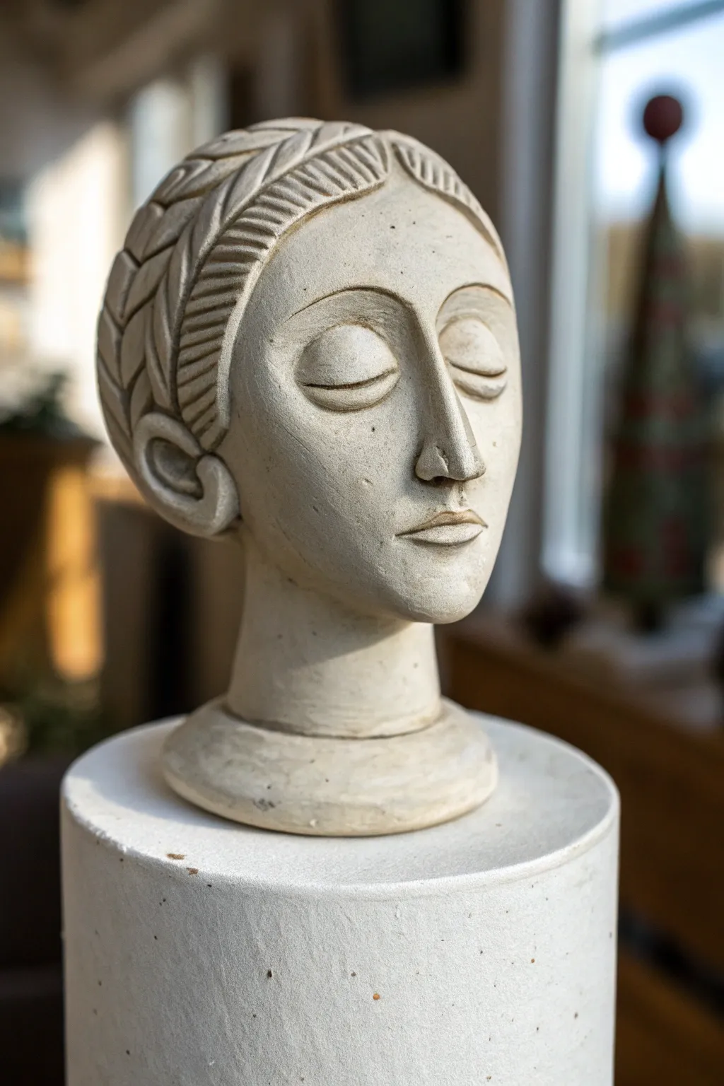 Tiny stylized face bust on a simple pedestal, minimal form and soft light with bold contrast.