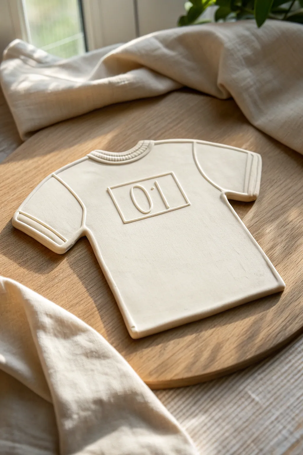 Minimal clay soccer jersey plaque with blank name and number panels, ready for personalization