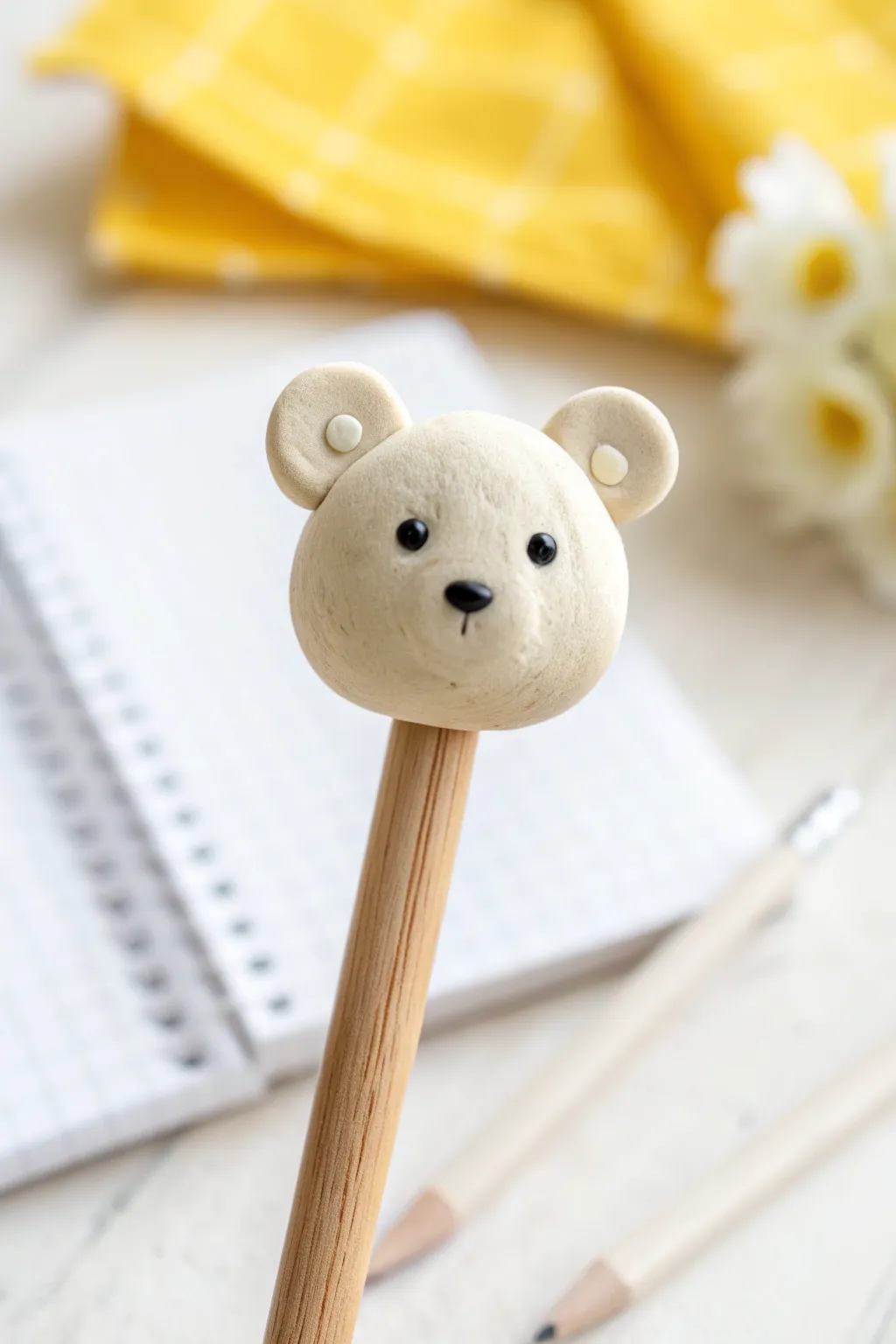 Easy soft clay bear pencil topper, minimal Scandinavian style with boho warmth and bright contrast.