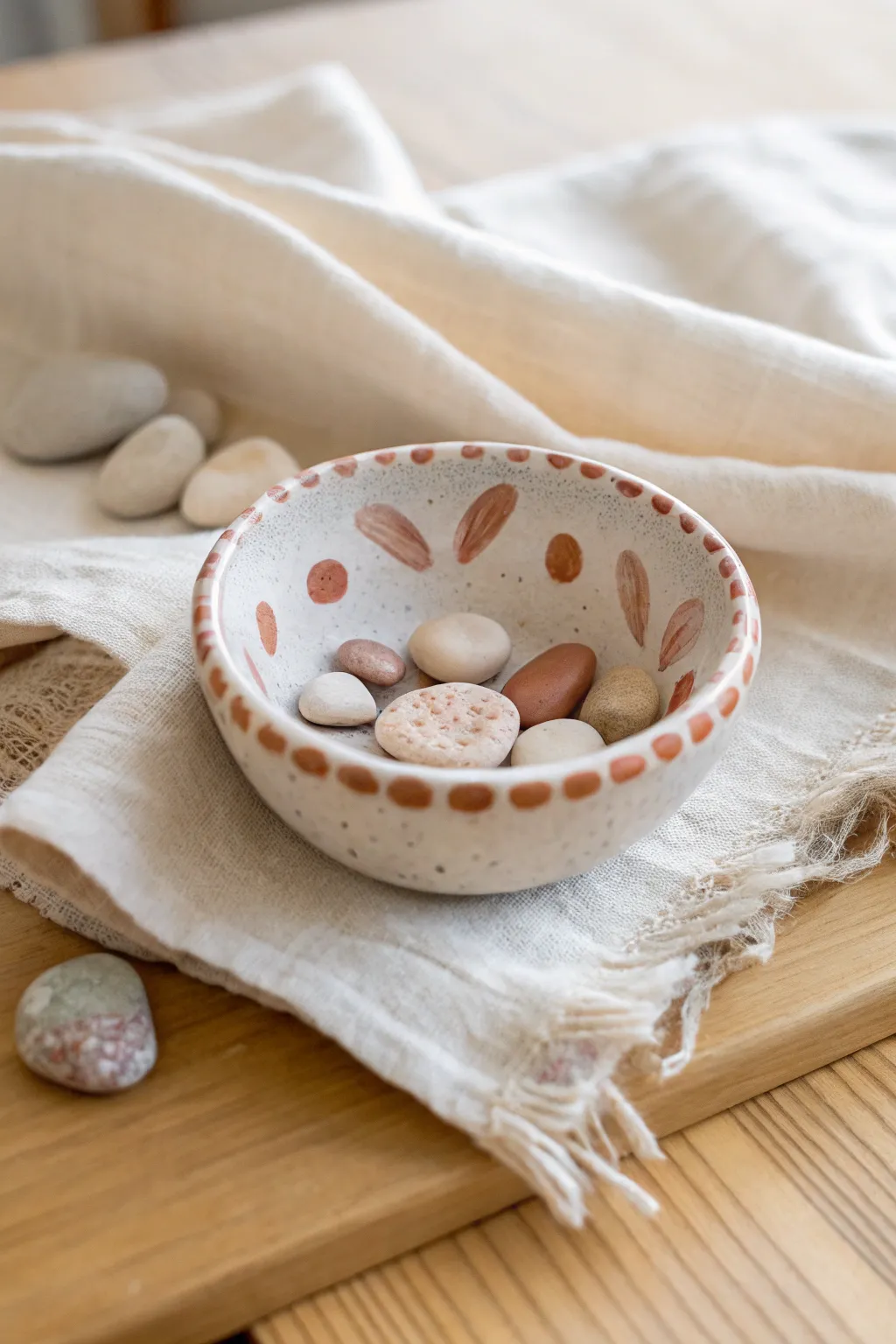 Kid-made handprint trinket bowl with playful painted rim, perfect for tiny treasures.