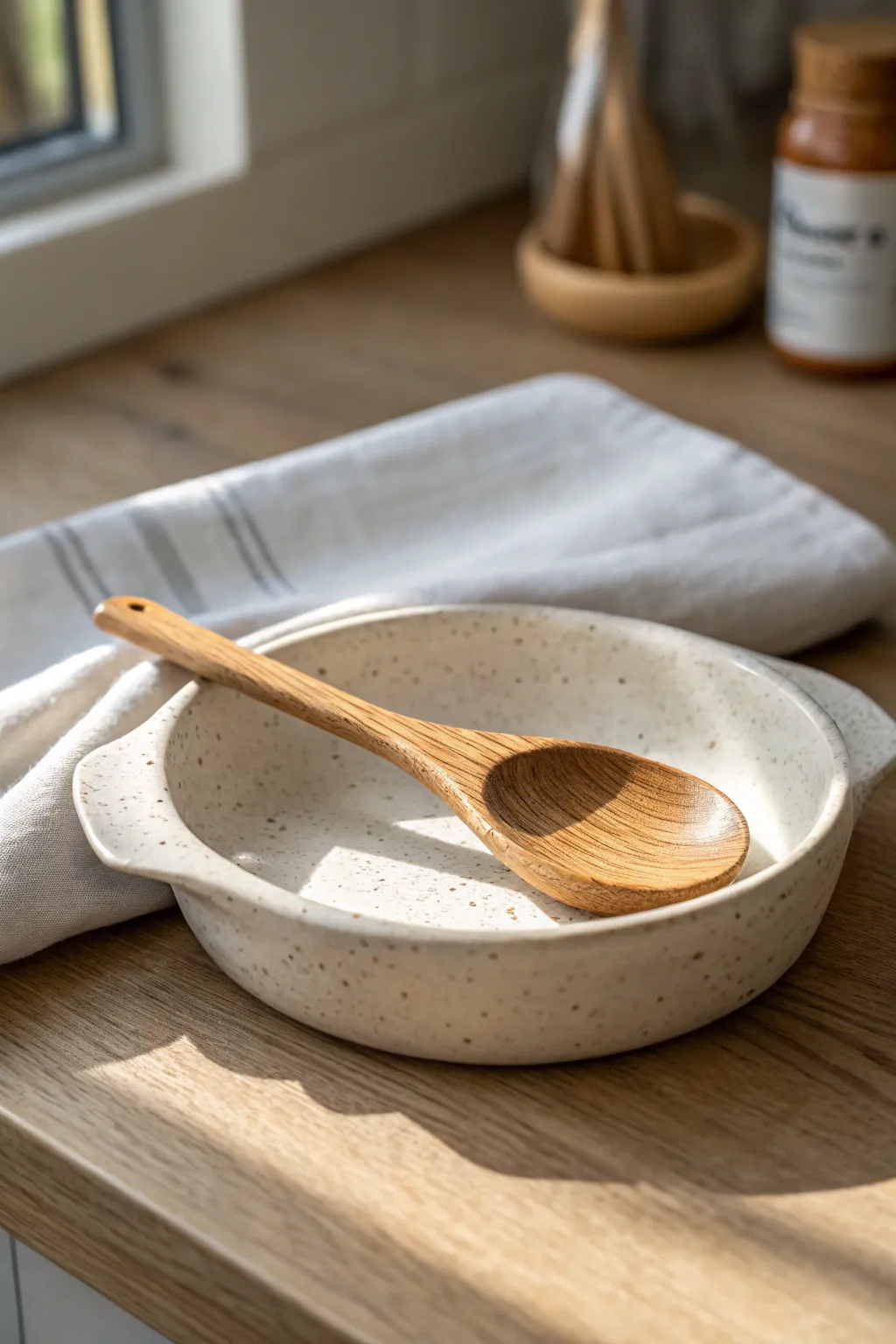 Soft slab spoon rest with a clean notch, styled simply with a wooden spoon on light oak.