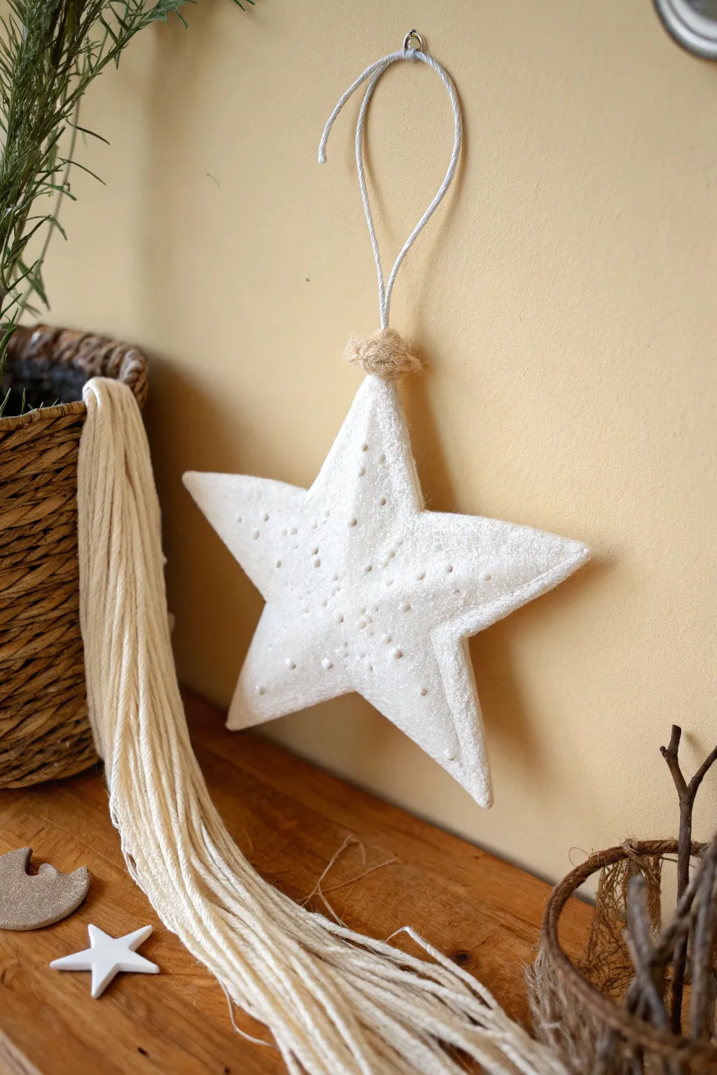 Minimal shooting star wall hanging in space clay, bright and dreamy with a soft boho touch