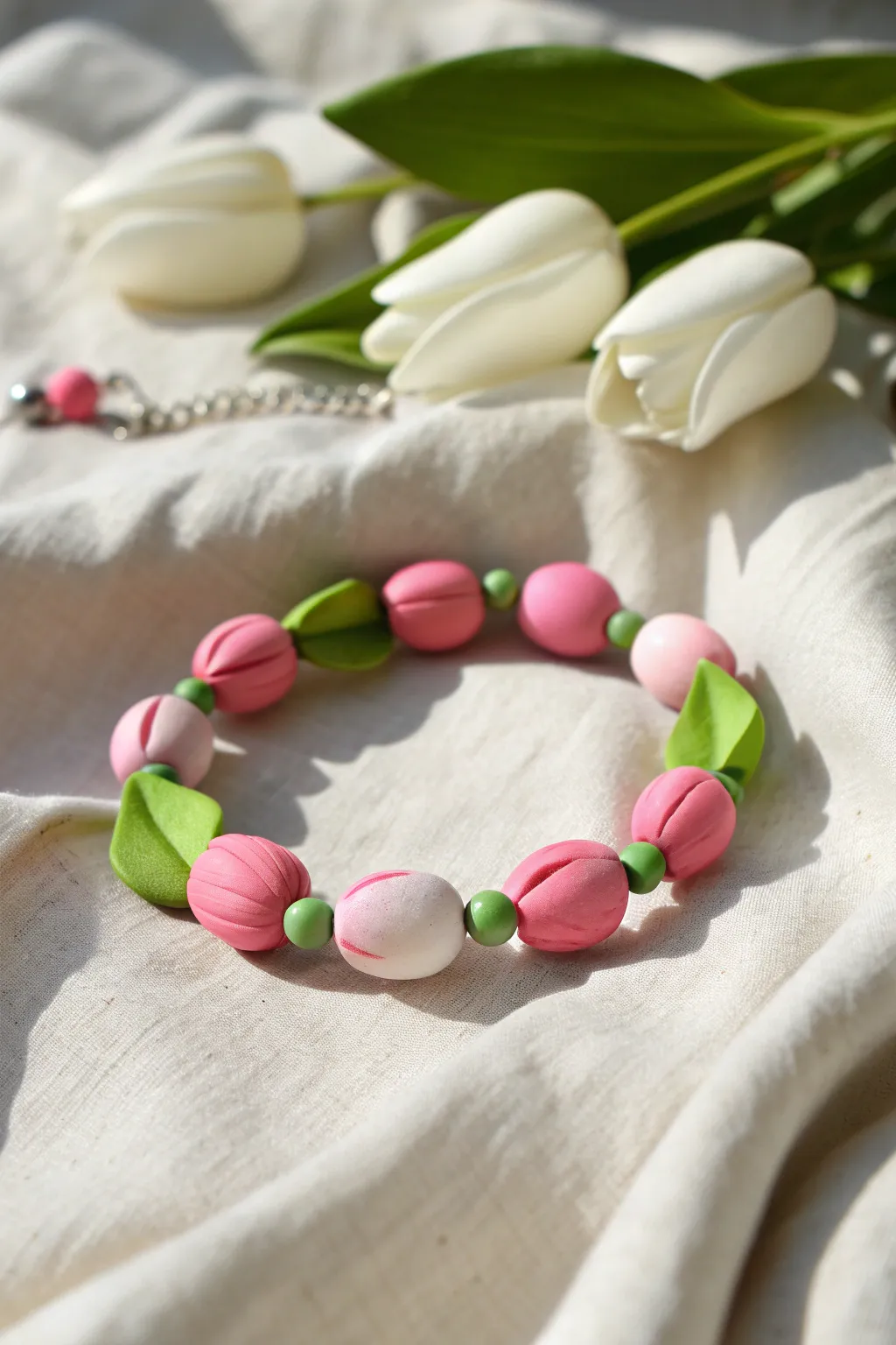 Tulip-inspired pink and green clay bead bracelet styled on pale linen for a fresh spring look