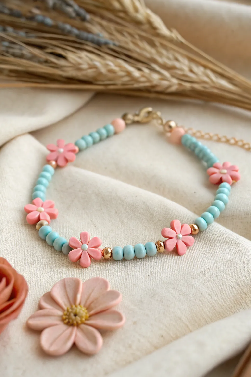Sky-blue heishi bracelet with coral stitch flower spacers for an easy tropical boho look