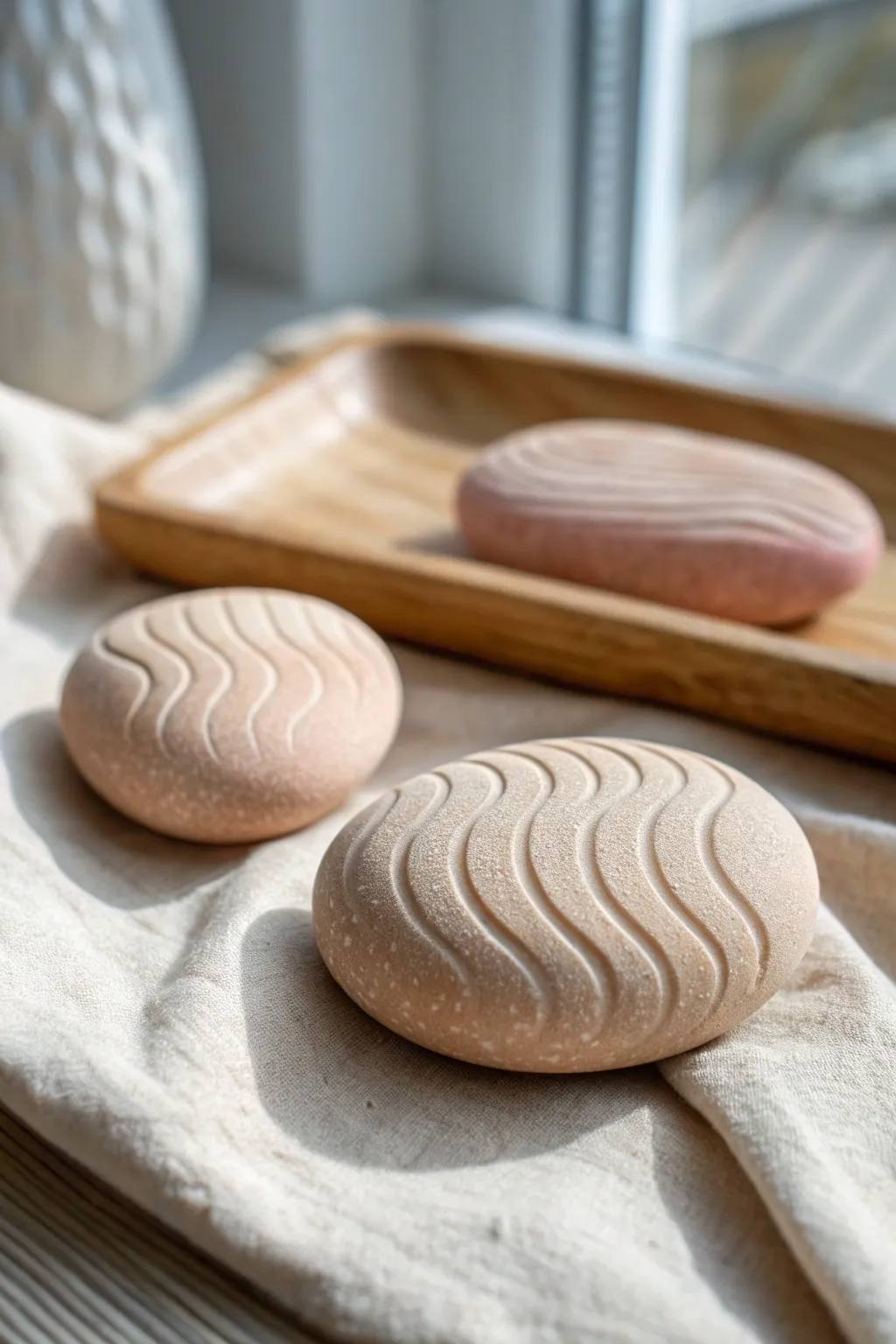 Soothing textured clay worry stone in blush ombre, made for calm fidgeting and mindful moments.