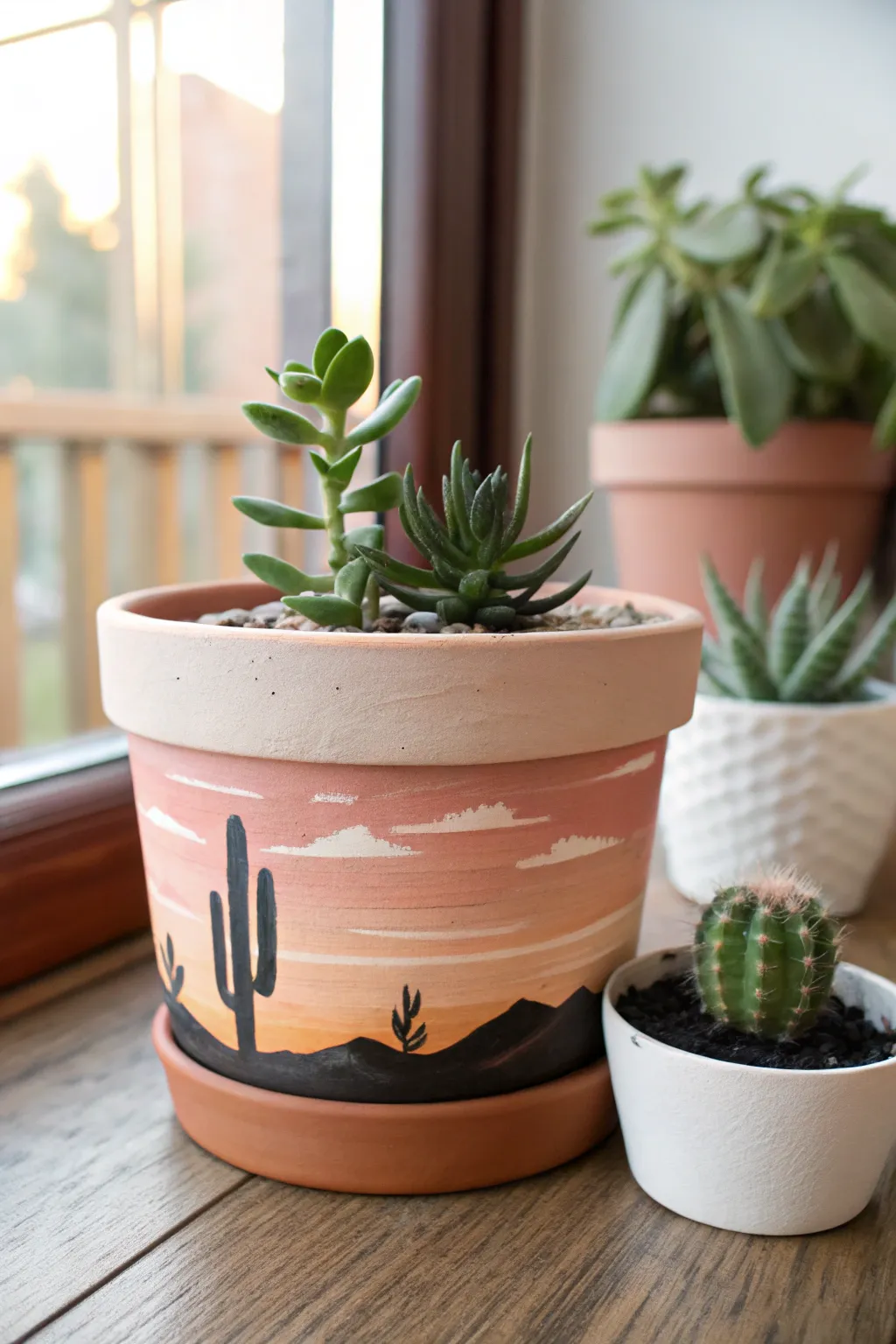 Minimal desert sunset wraparound pot with tiny cactus silhouettes, warm light, and sandy tones
