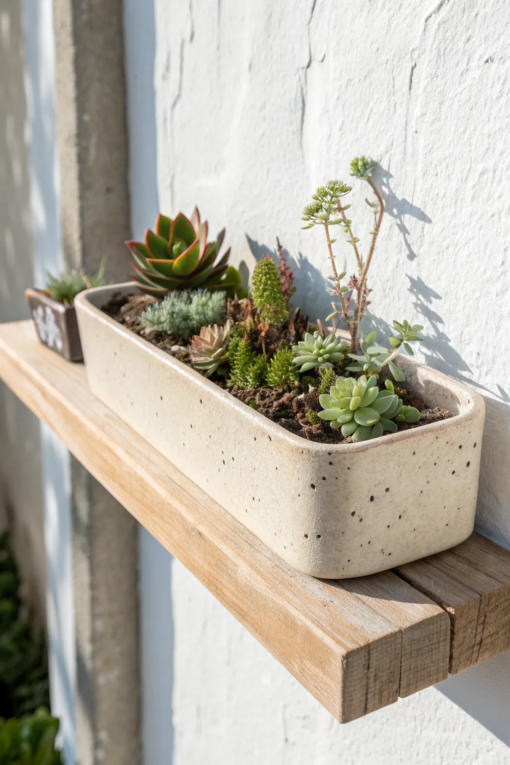 Wall-mounted succulent tray garden that feels like living art, minimal, handmade, and serene