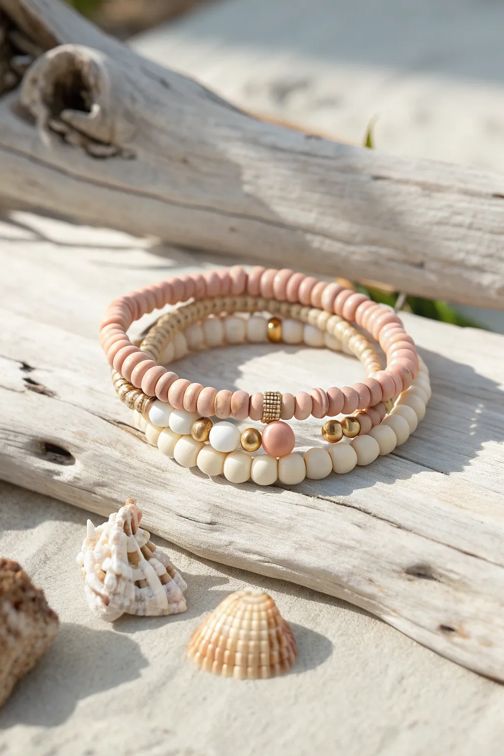 Beachy heishi clay bead stack with pearl accents, glowing softly in warm summer light