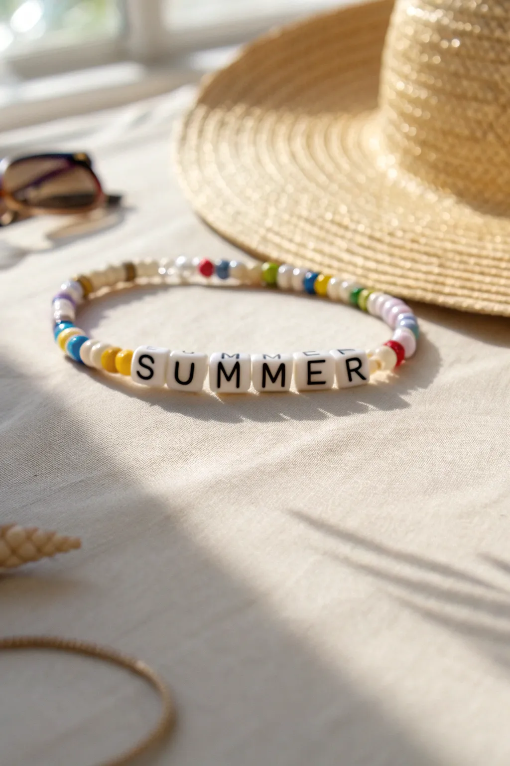Colorful heishi bracelet with summer letter beads and clean white spacers on sunlit linen