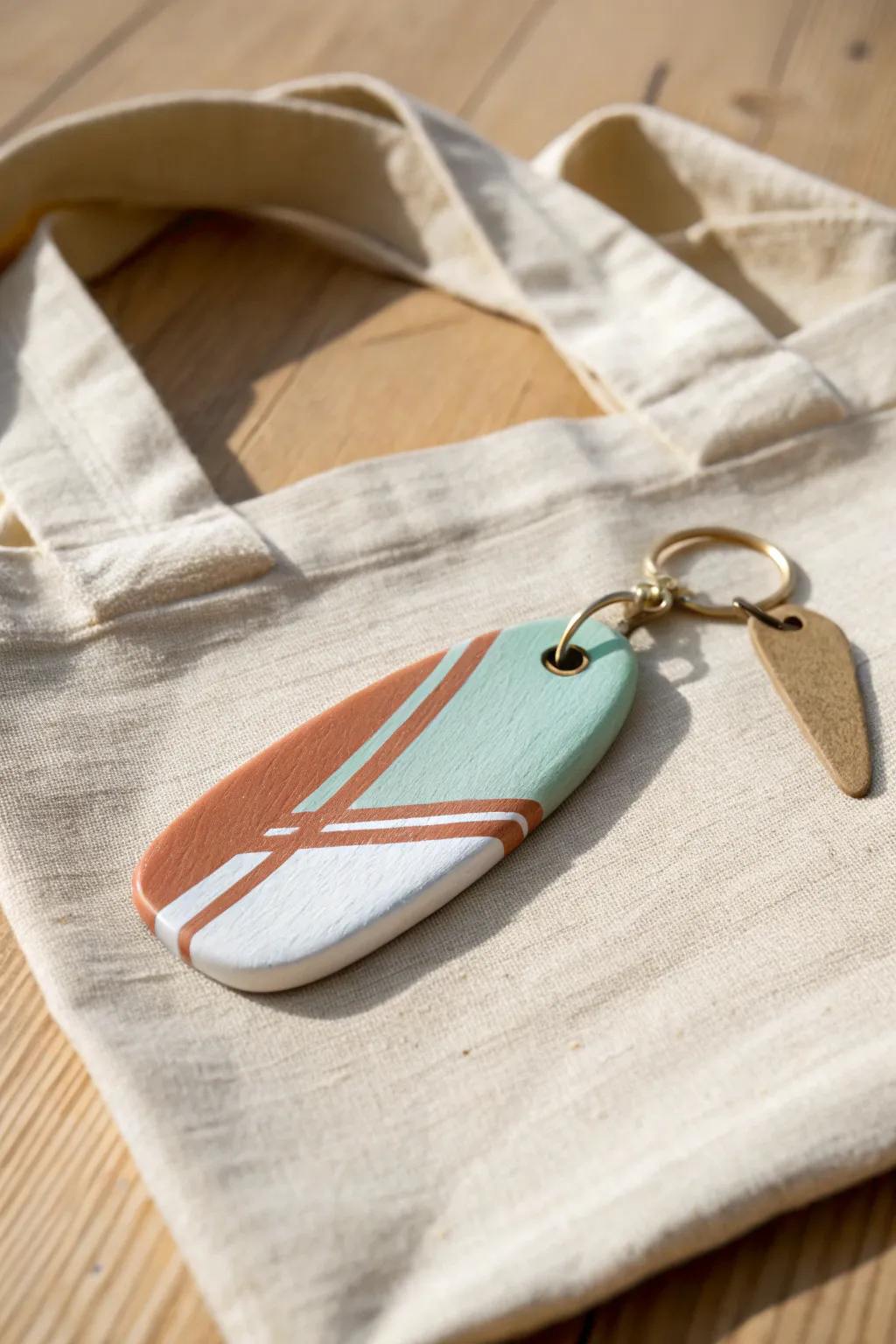 Minimal surfboard bag tag in polymer clay, perfect for summer totes and backpacks.