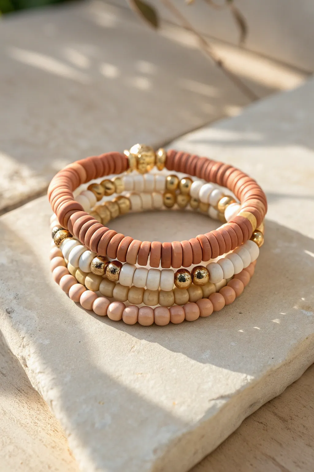 Matte clay heishi beads with gold spacers, glowing in soft golden-hour light for summer vibes.