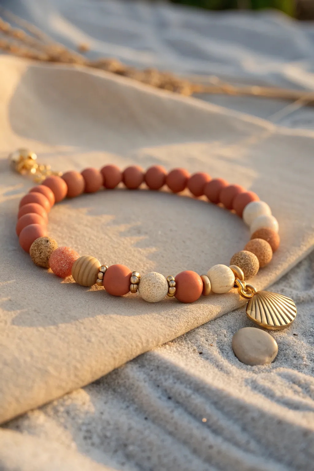 Beach sunset clay bead bracelet with shell charm, minimalist coastal palette and warm glow.