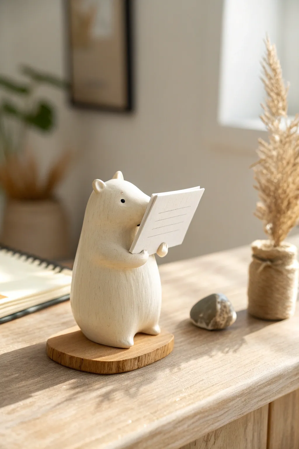 A cute super clay character holder to display little cards with minimalist Scandinavian charm.
