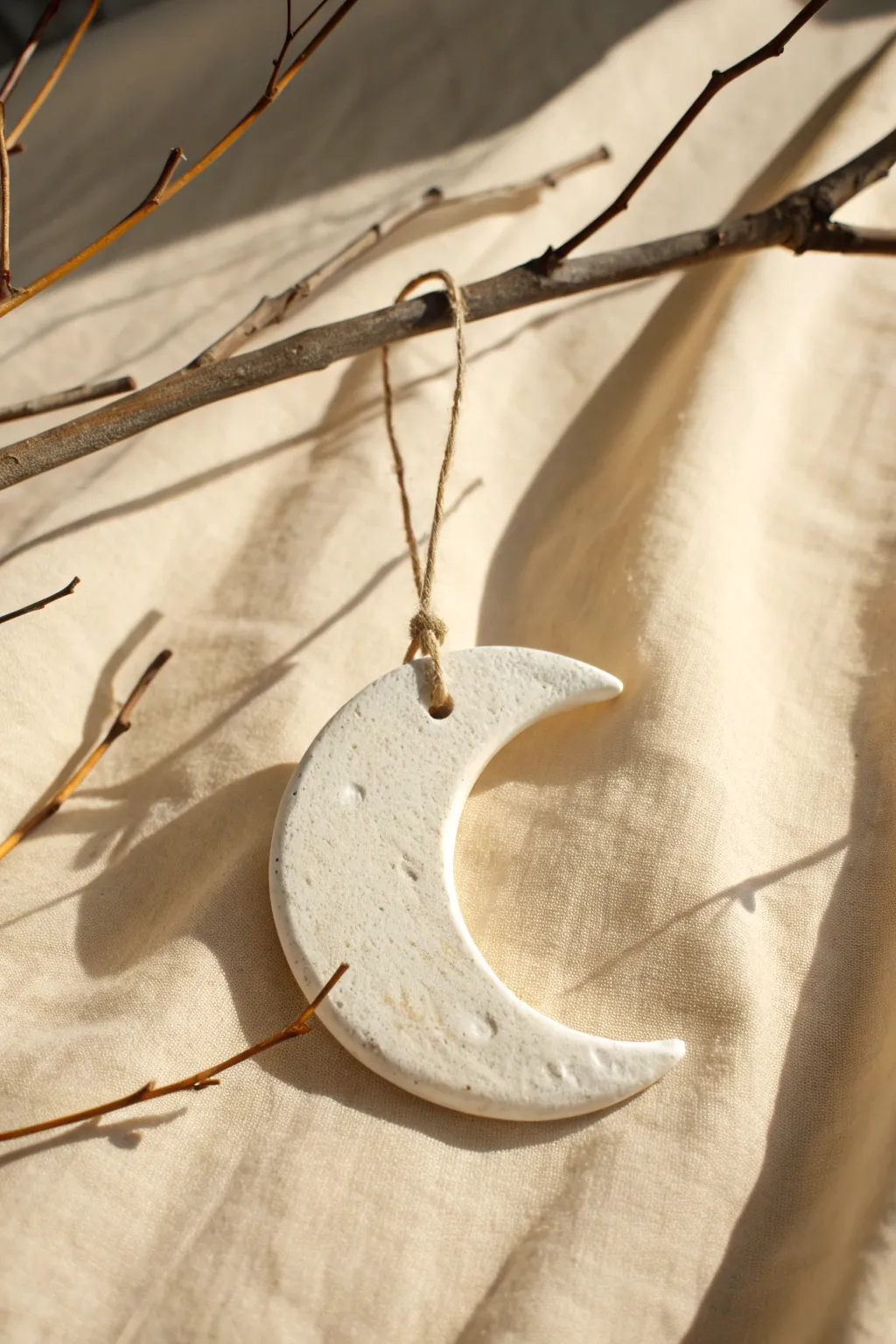 Airy super light clay moon ornament with minimalist boho cord, perfect for lightweight decor.