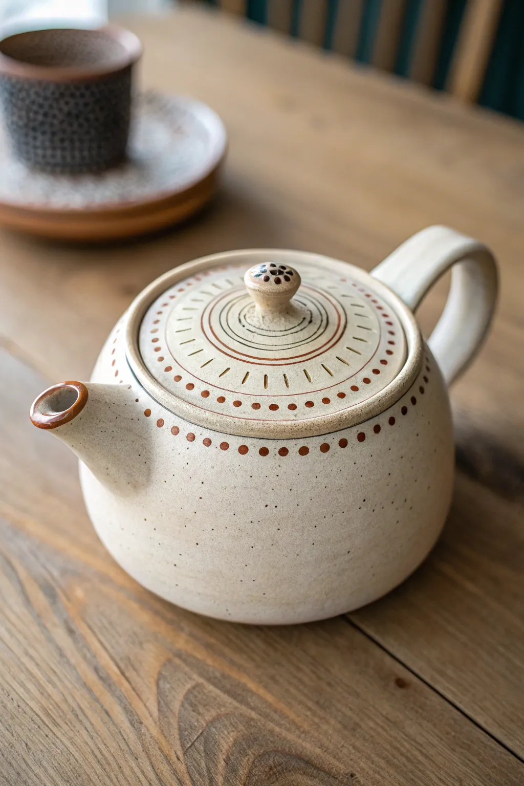 Beginner-friendly teapot: a simple mandala of dots on the lid with a matching rim ring.