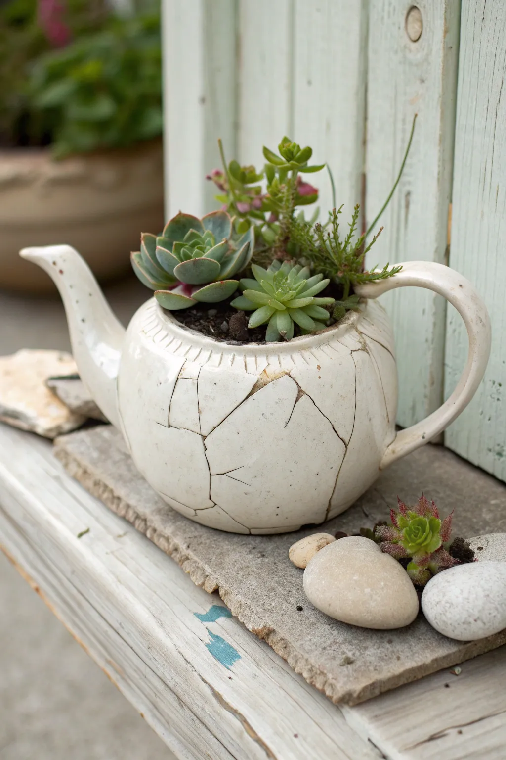 A cracked teapot becomes a charming succulent planter, blending rustic garden warmth with minimal style.