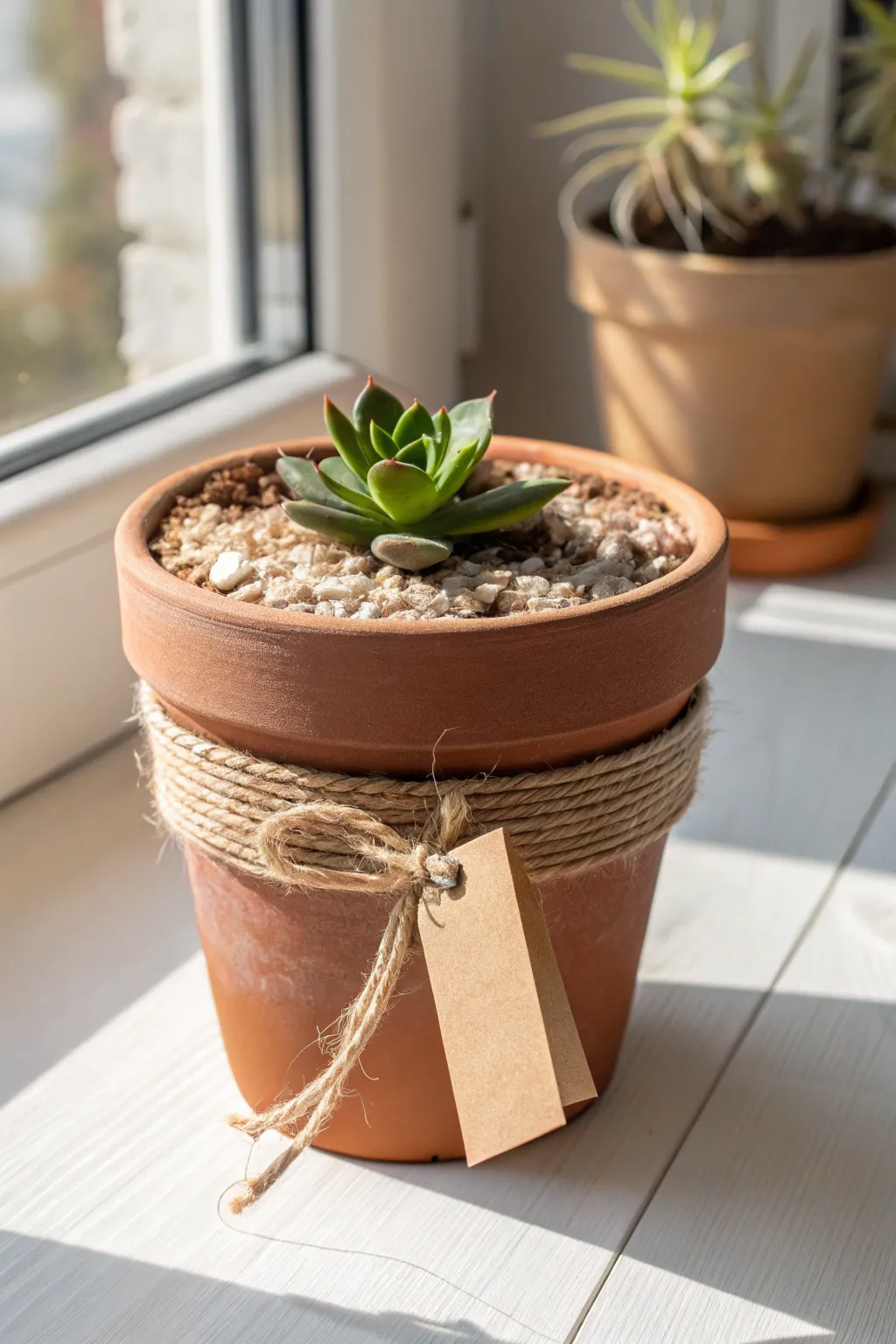 Twine-wrapped rim terra cotta pot with a blank tag, styled as a sweet minimalist succulent gift