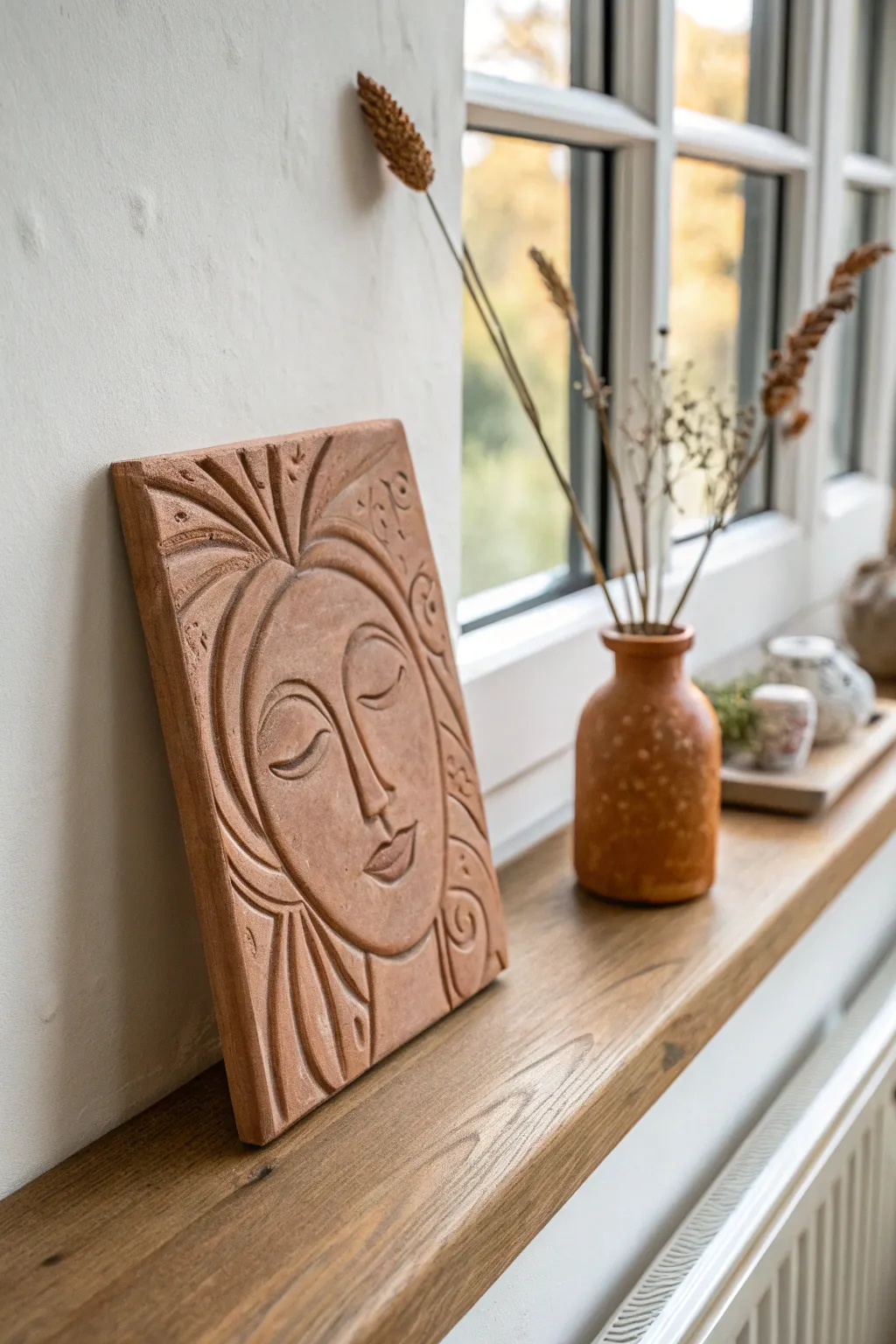 Minimal terracotta wall relief face plaque with warm shadows and a soft Scandinavian boho vibe